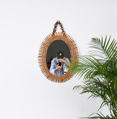 Midcentury French Riviera Oval Wall Mirror with Bamboo and Rattan Frame, 1960s