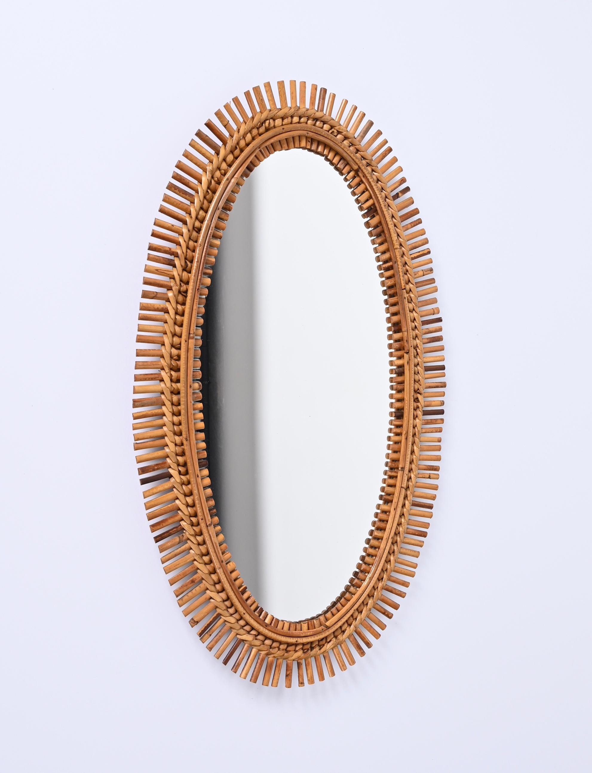 Mid-Century Modern Midcentury French Riviera Oval Wall Mirror with Bamboo and Rattan Frame, 1960s