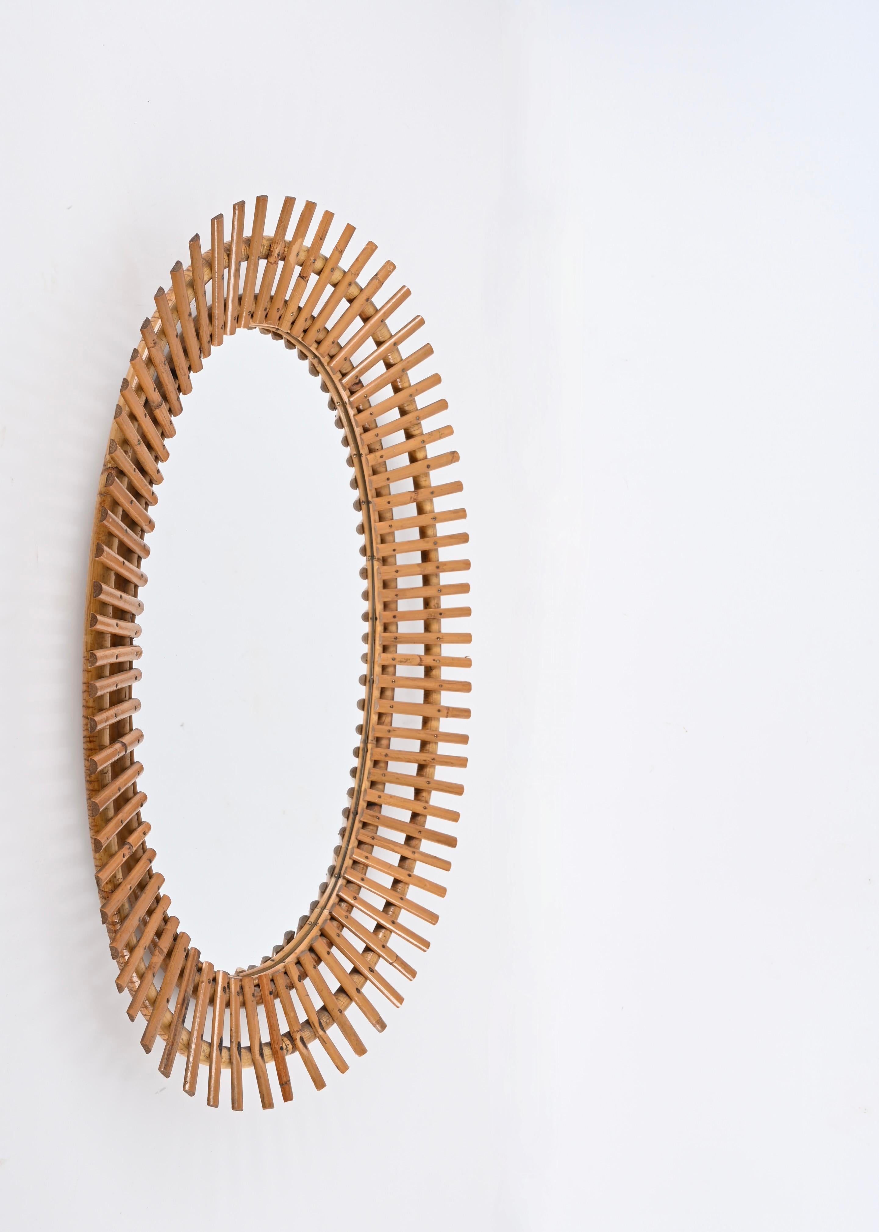 Italian Midcentury French Riviera Oval Wall Mirror with Bamboo and Rattan Frame, 1960s