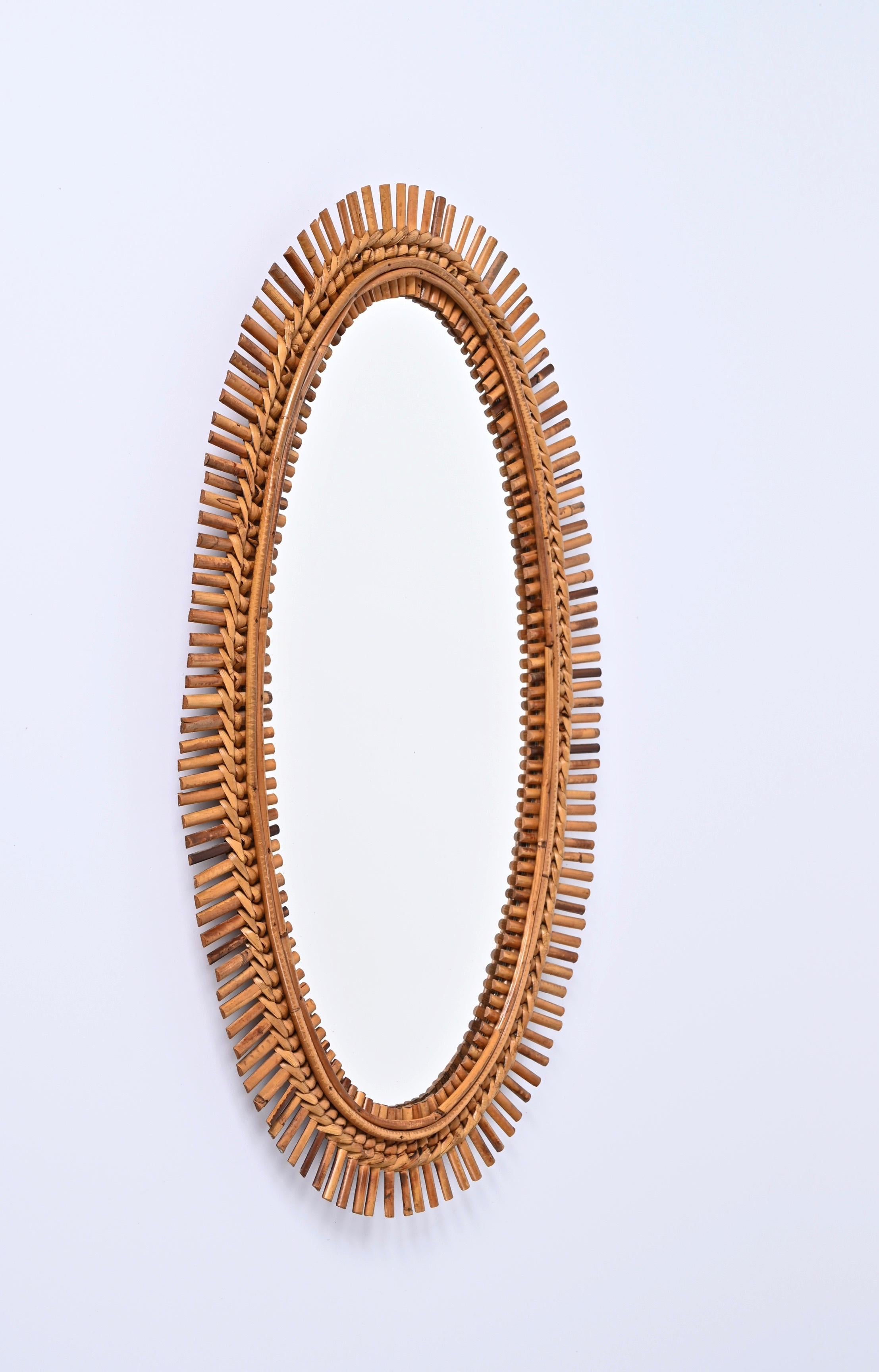 Mid-20th Century Midcentury French Riviera Oval Wall Mirror with Bamboo and Rattan Frame, 1960s