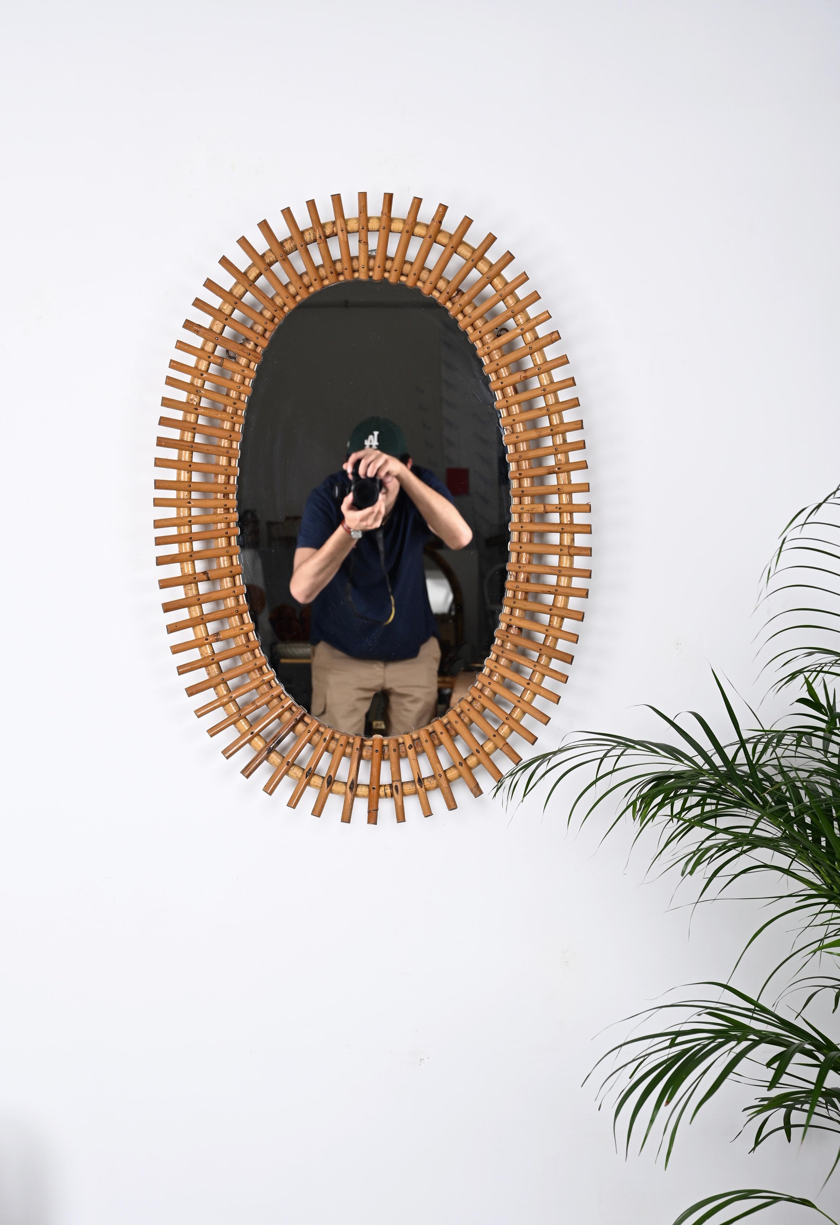 Mid-20th Century Midcentury French Riviera Oval Wall Mirror with Bamboo and Rattan Frame, 1960s