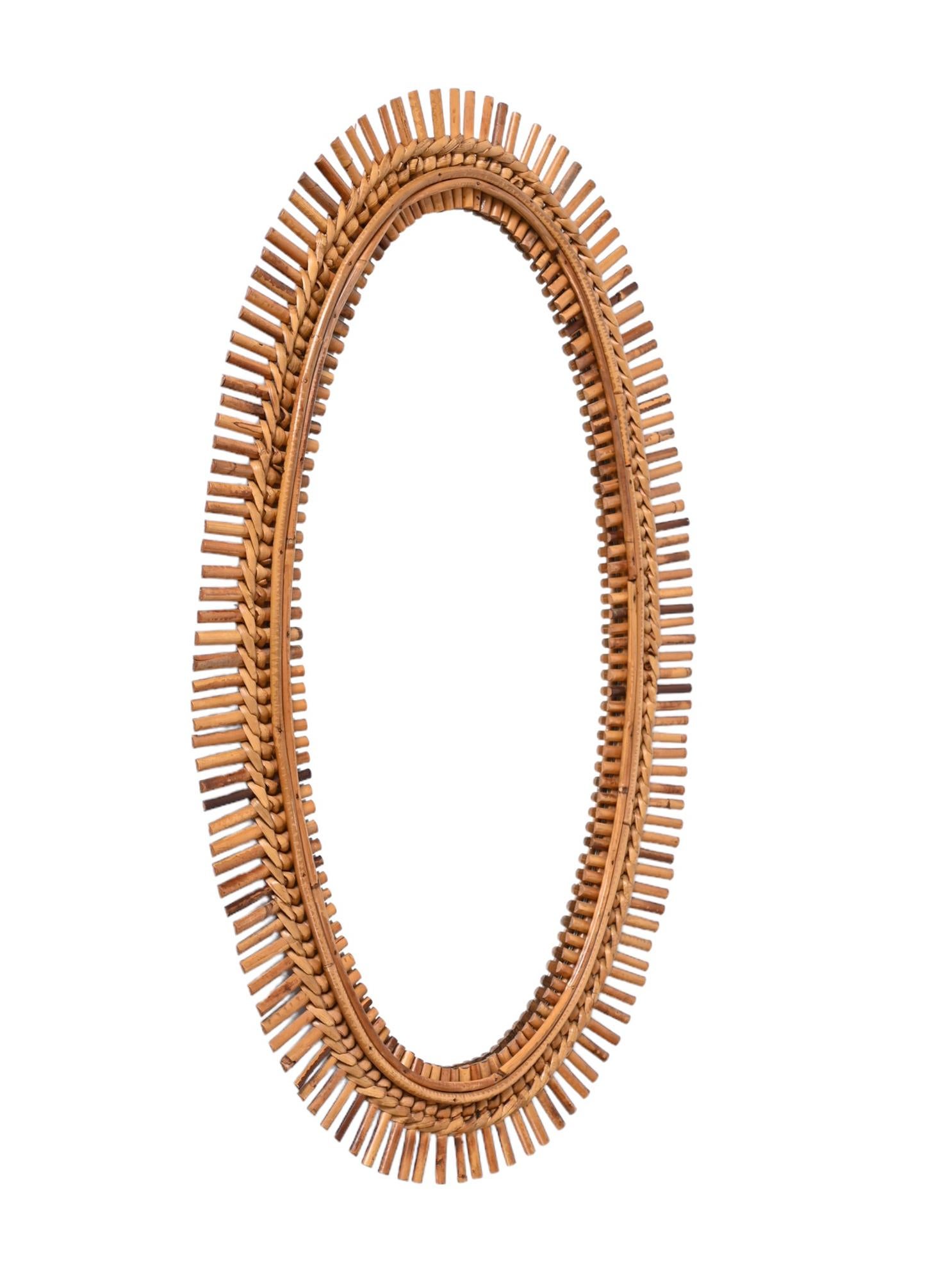 Midcentury French Riviera Oval Wall Mirror with Bamboo and Rattan Frame, 1960s 3