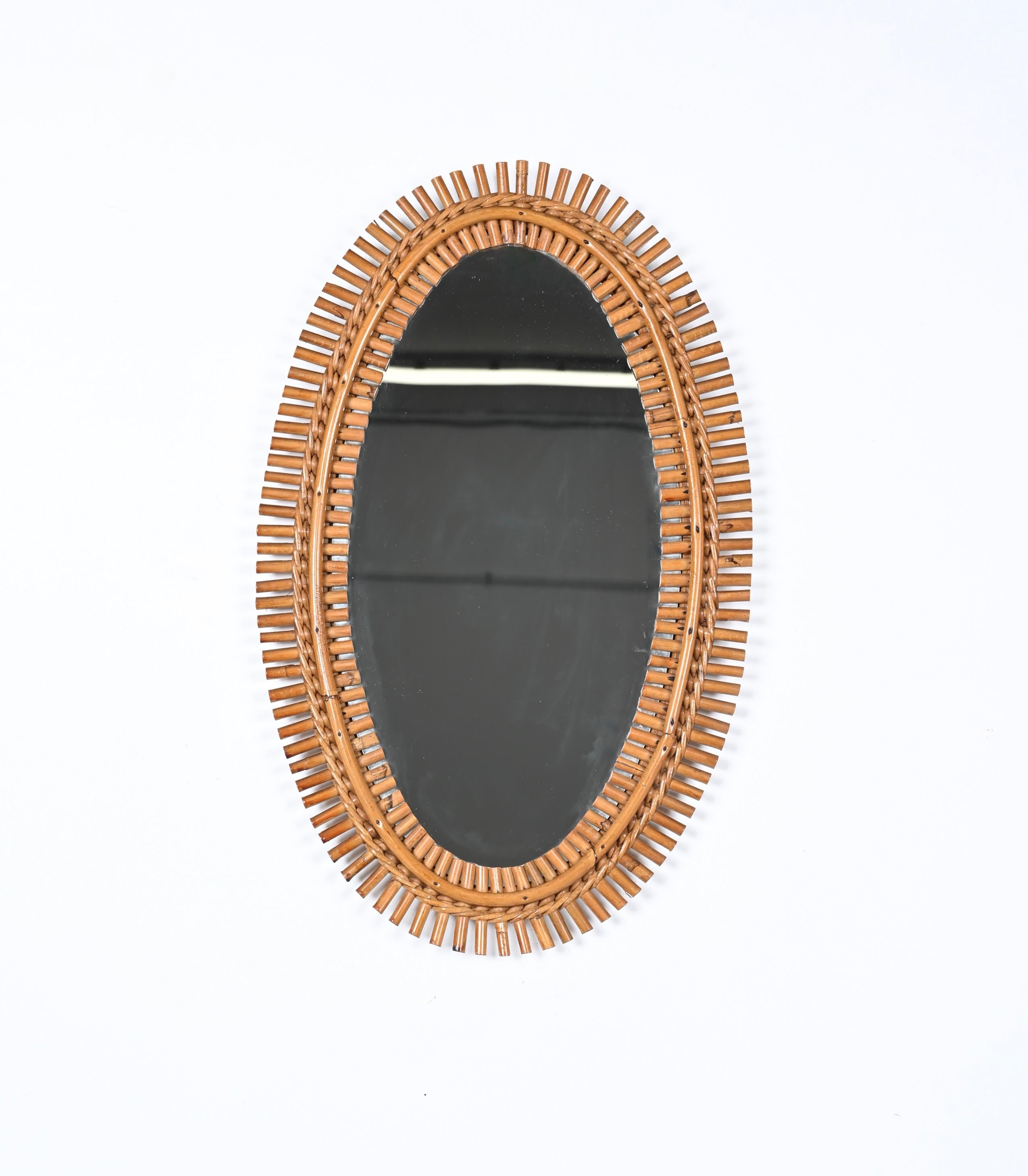 Midcentury French Riviera Oval Wall Mirror with Bamboo and Rattan Frame, 1960s 1