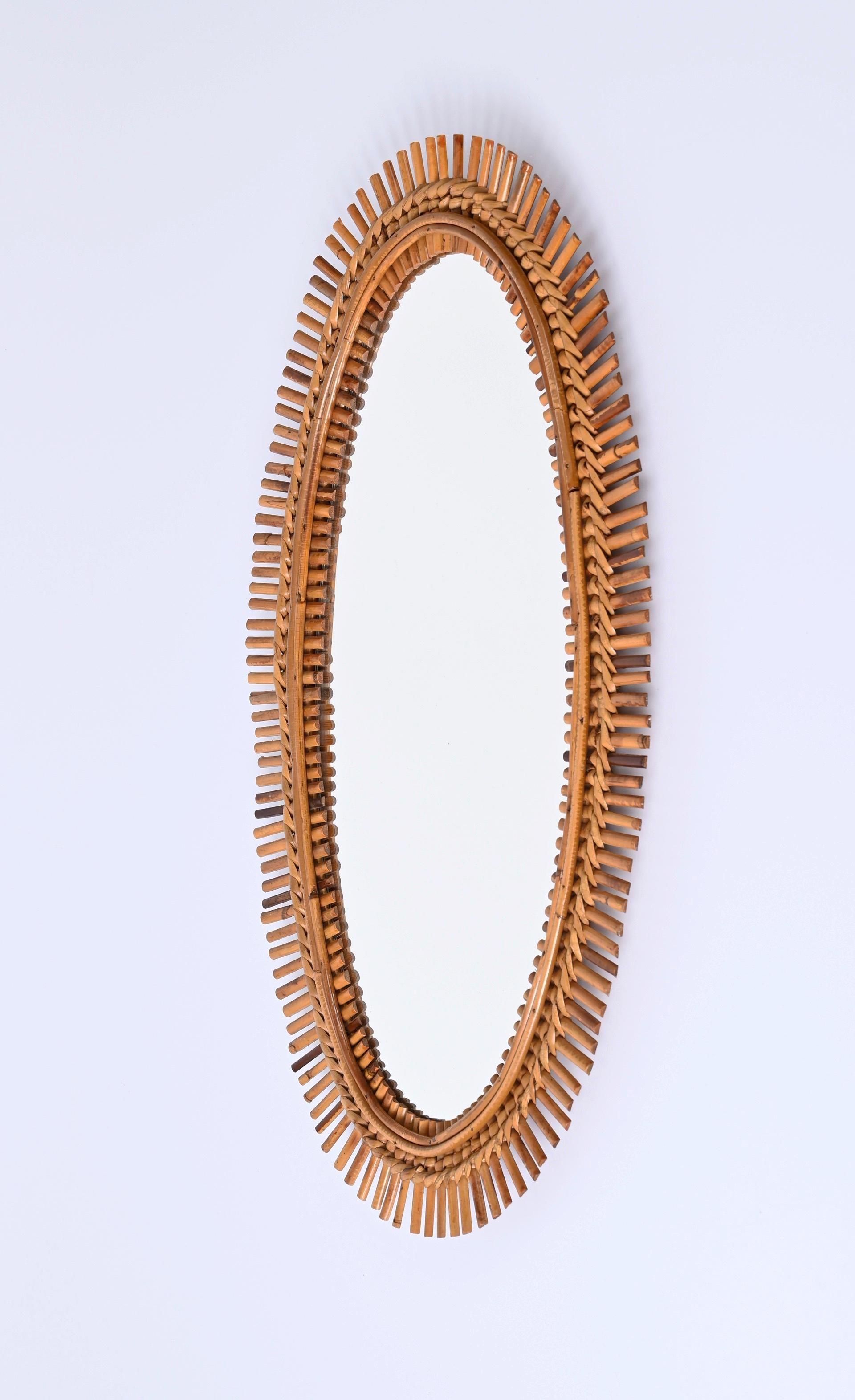 Midcentury French Riviera Oval Wall Mirror with Bamboo and Rattan Frame, 1960s 4