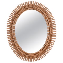Midcentury French Riviera Oval Wall Mirror with Bamboo and Rattan Frame, 1960s