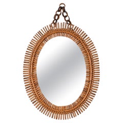Midcentury French Riviera Oval Wall Mirror with Bamboo and Rattan Frame, 1960s