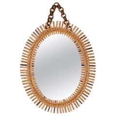Midcentury French Riviera Oval Wall Mirror with Bamboo and Rattan Frame, 1960s