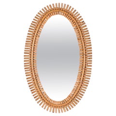 Midcentury French Riviera Oval Wall Mirror with Bamboo and Rattan Frame, 1960s
