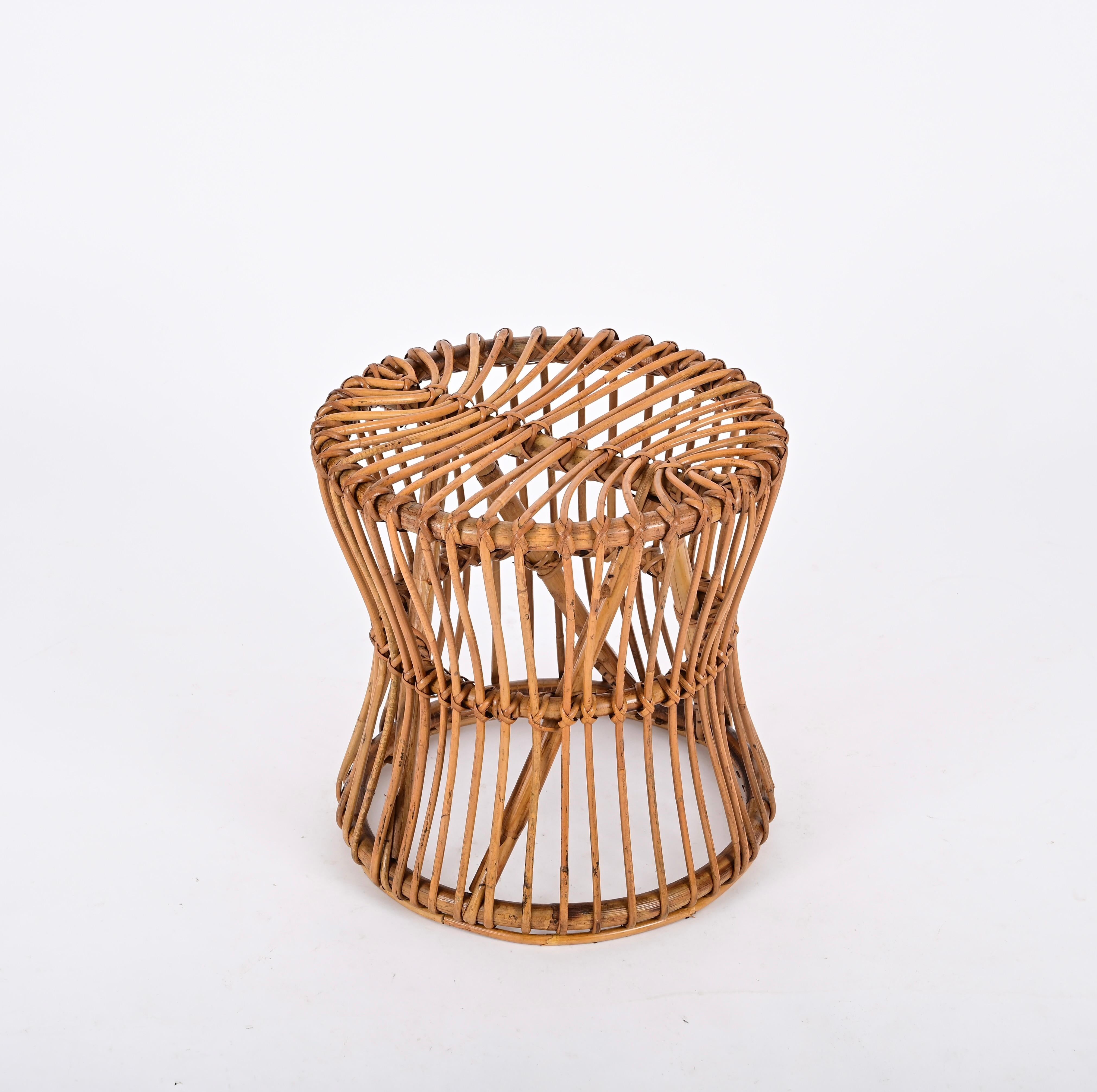 Midcentury French Riviera Pouf Stool in Rattan and Woven Wicker, Italy, 1960s For Sale 3