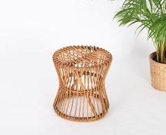 Midcentury French Riviera Pouf Stool in Rattan and Woven Wicker, Italy, 1960s