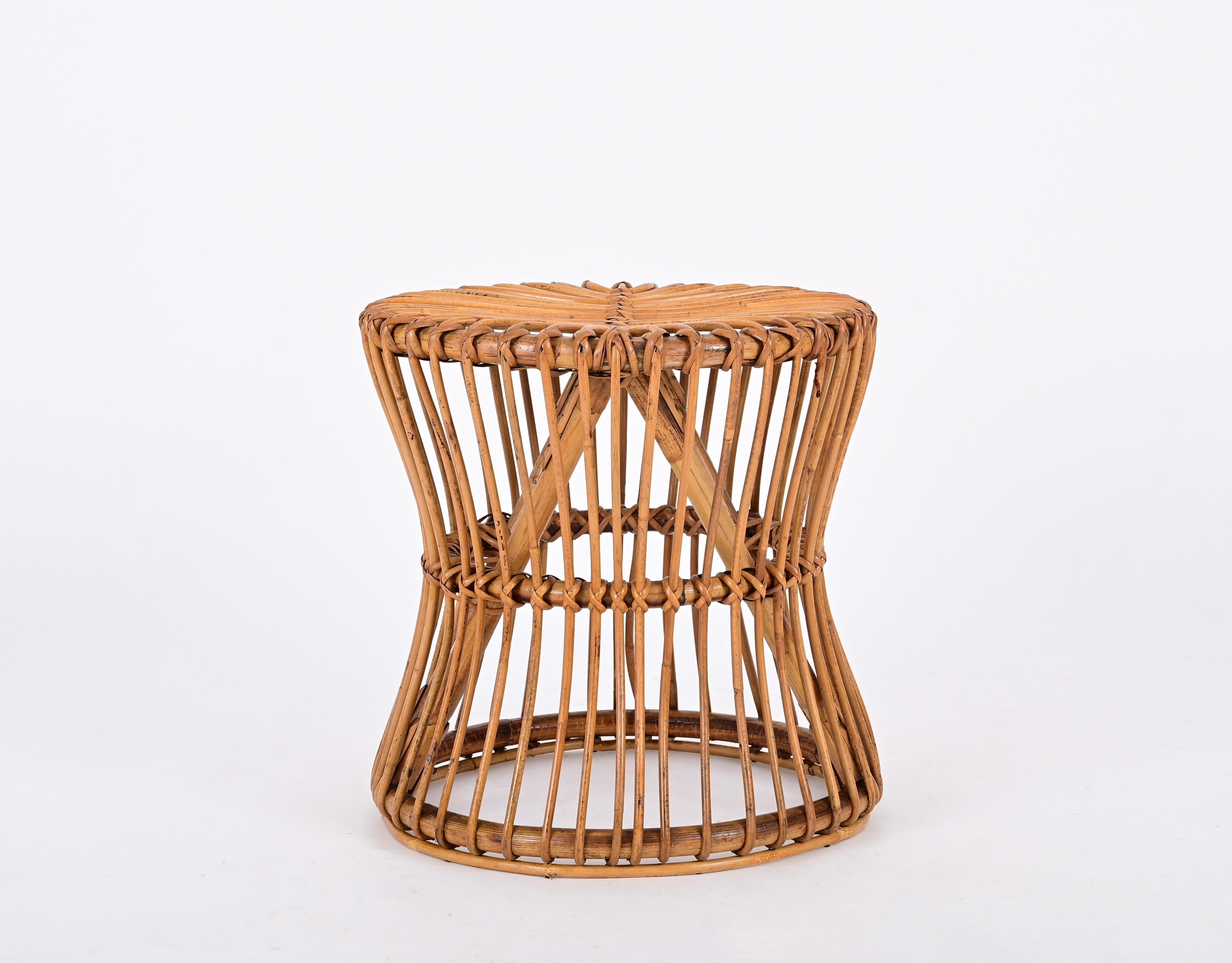 Mid-Century Modern Midcentury French Riviera Pouf Stool in Rattan and Woven Wicker, Italy, 1960s For Sale