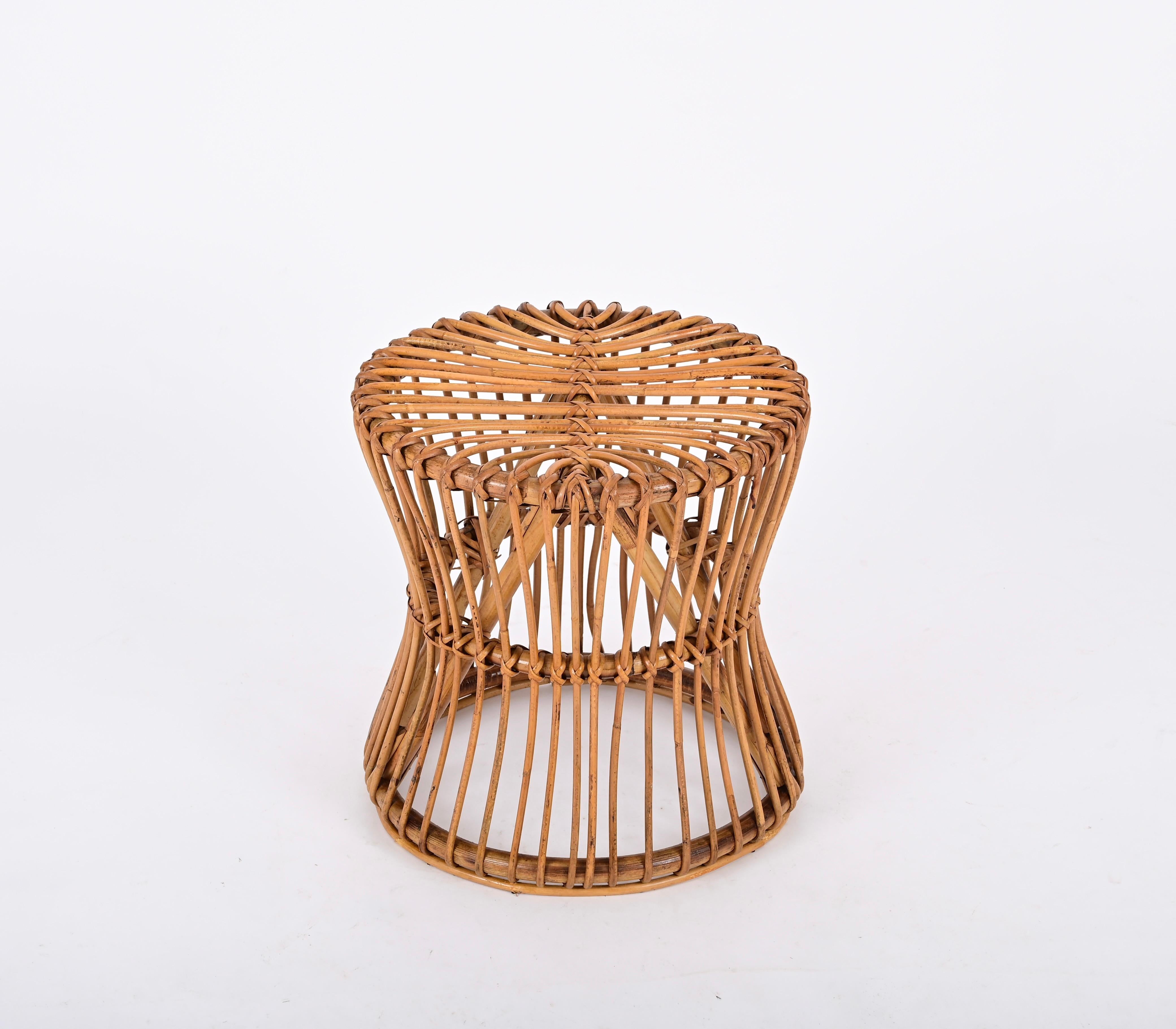 Italian Midcentury French Riviera Pouf Stool in Rattan and Woven Wicker, Italy, 1960s For Sale