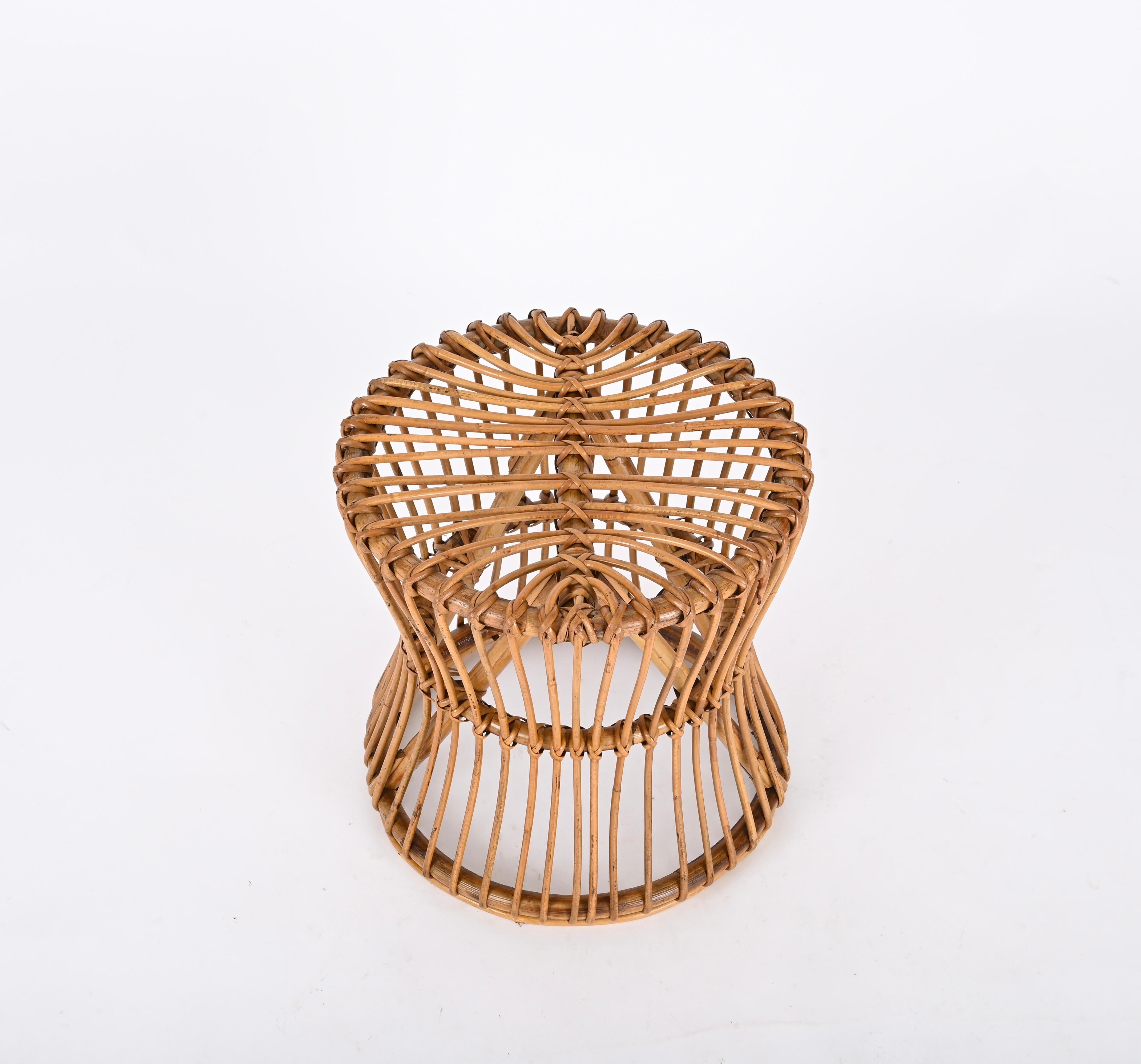 Midcentury French Riviera Pouf Stool in Rattan and Woven Wicker, Italy, 1960s In Good Condition For Sale In Roma, IT
