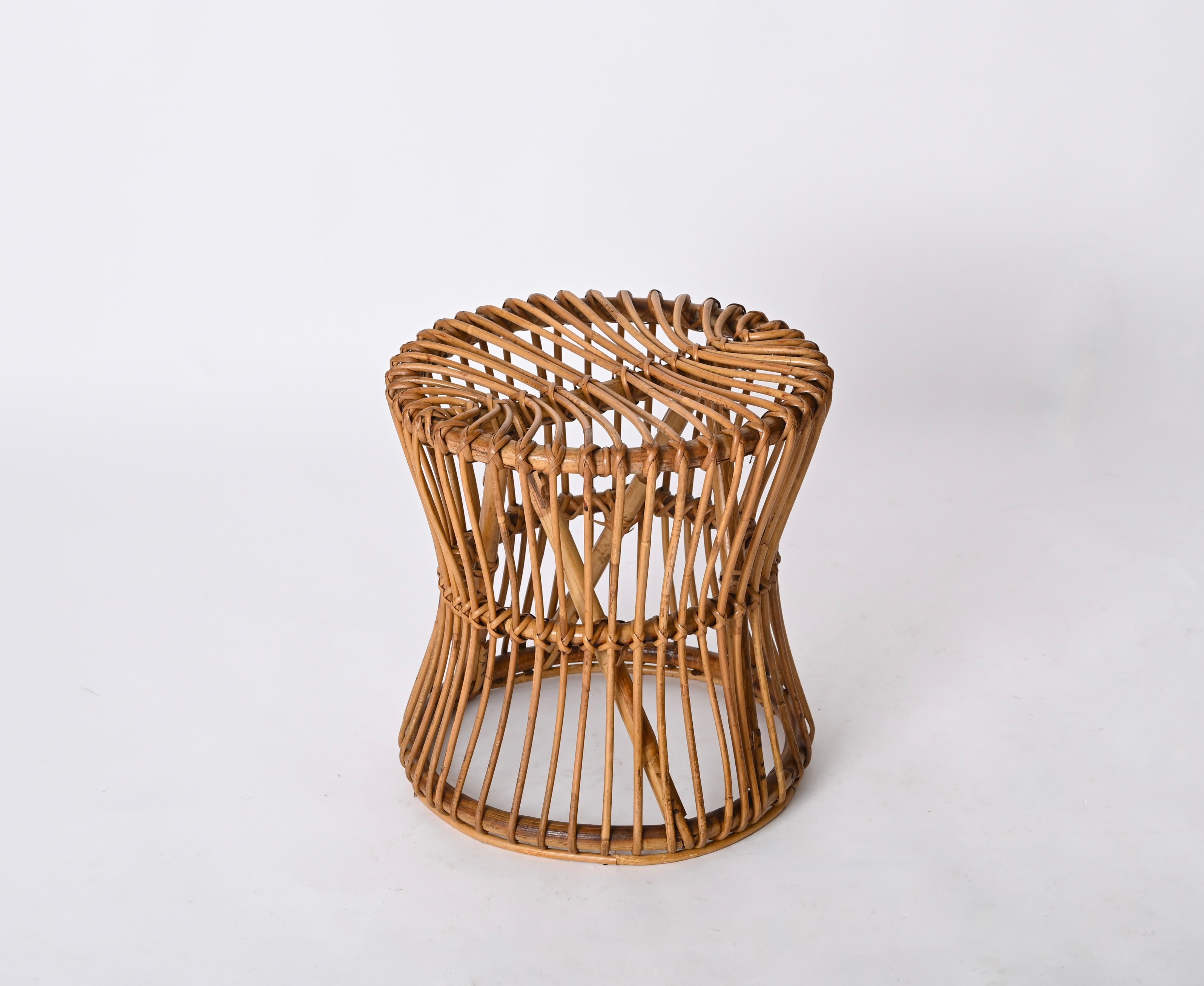 20th Century Midcentury French Riviera Pouf Stool in Rattan and Woven Wicker, Italy, 1960s For Sale