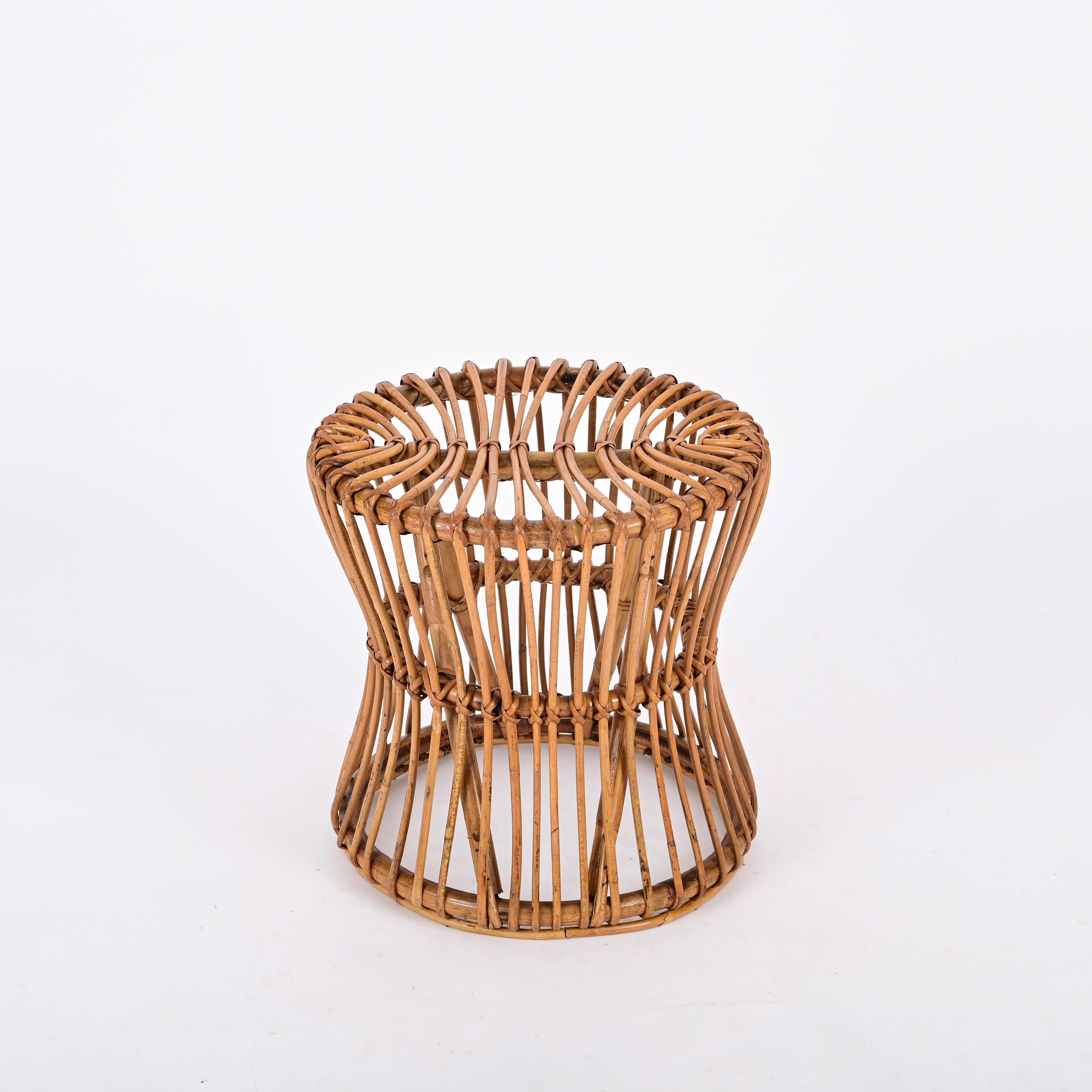 Midcentury French Riviera Pouf Stool in Rattan and Woven Wicker, Italy, 1960s For Sale 1