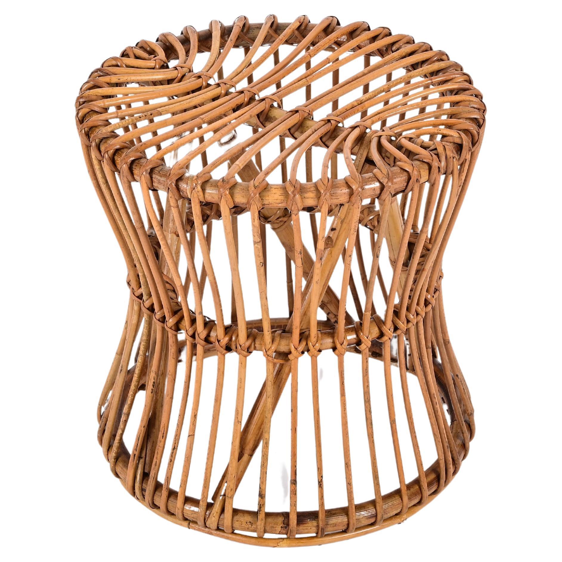 Midcentury French Riviera Pouf Stool in Rattan and Woven Wicker, Italy, 1960s For Sale