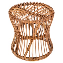 Retro Midcentury French Riviera Pouf Stool in Rattan and Woven Wicker, Italy, 1960s