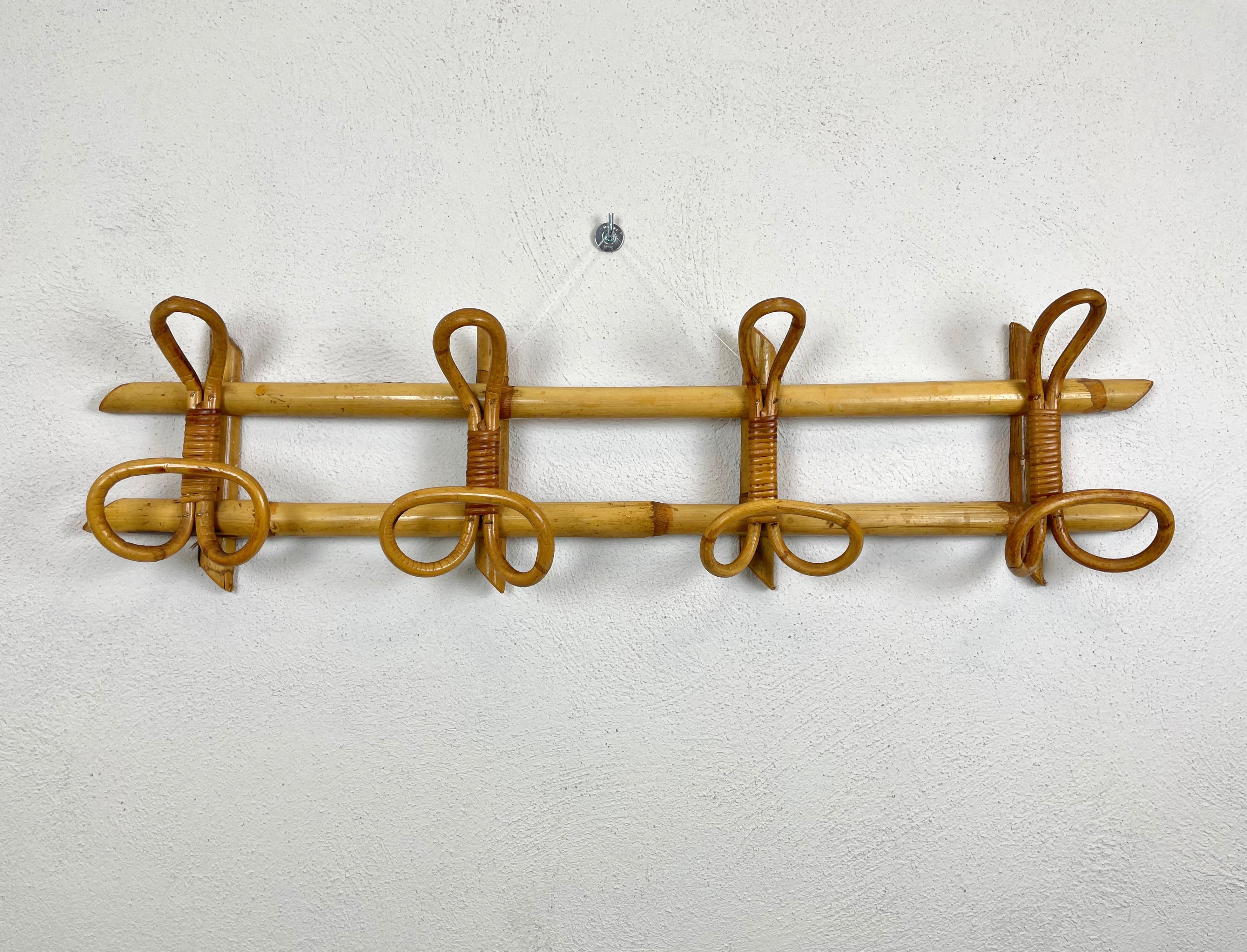 Midcentury French Riviera Rattan and Bamboo Canes Italian Coat Hanger Rack 1960s 1