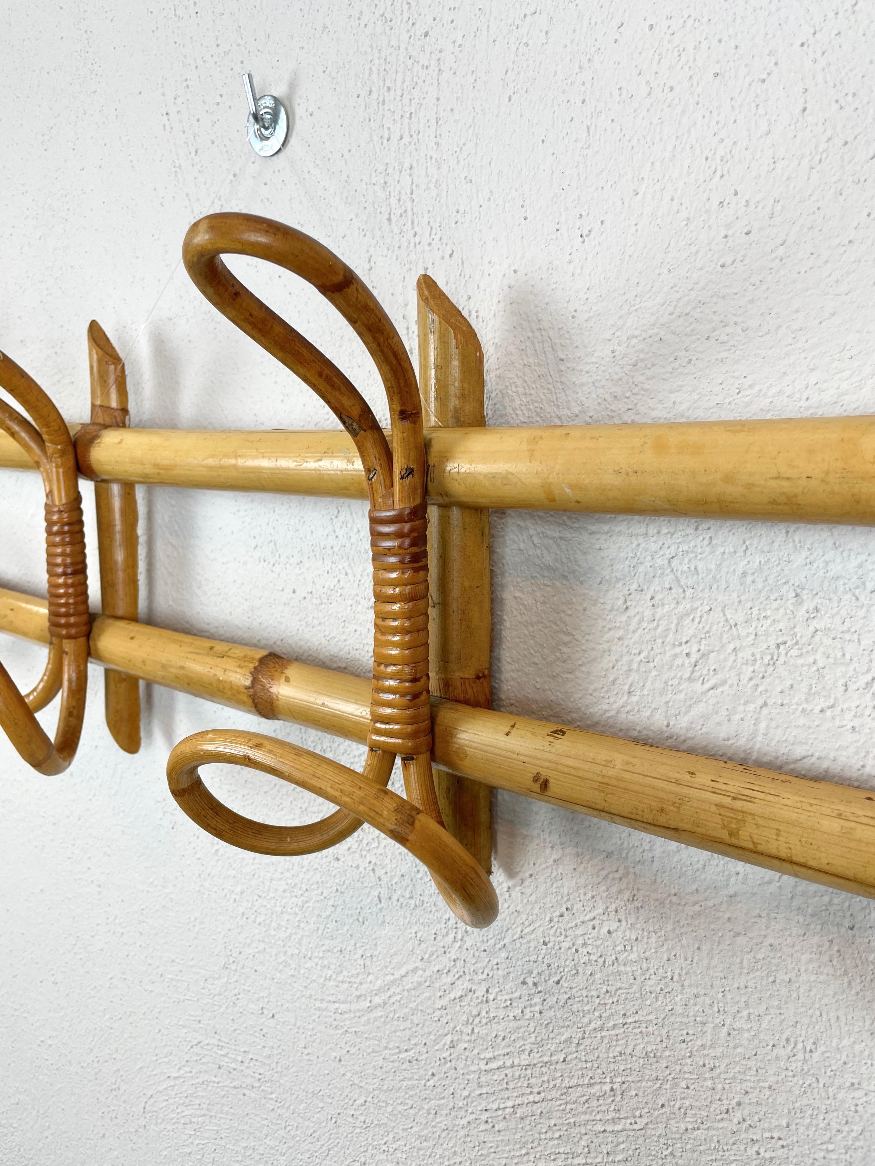 Midcentury French Riviera Rattan and Bamboo Canes Italian Coat Hanger Rack 1960s 3