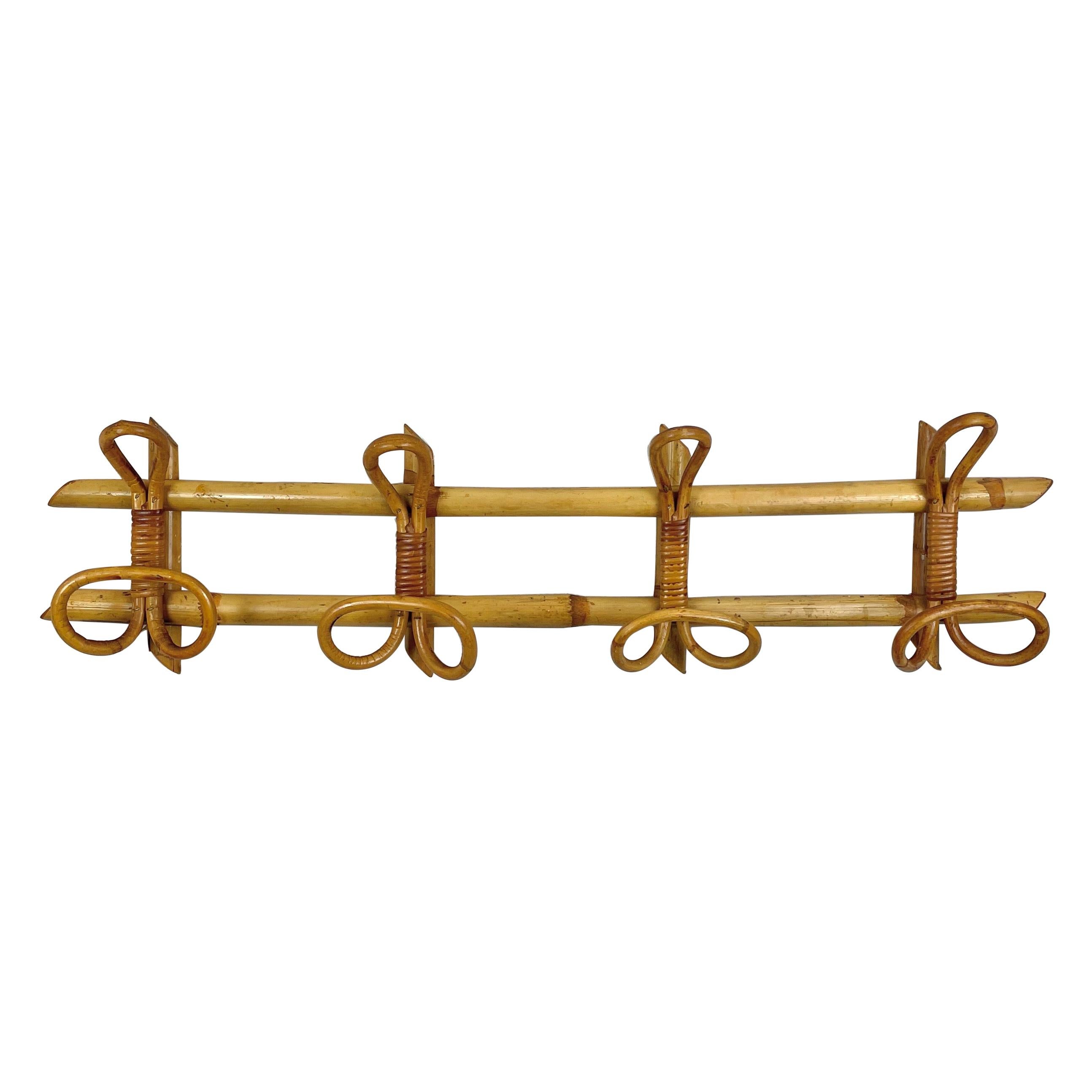 Midcentury French Riviera Rattan and Bamboo Canes Italian Coat Hanger Rack 1960s