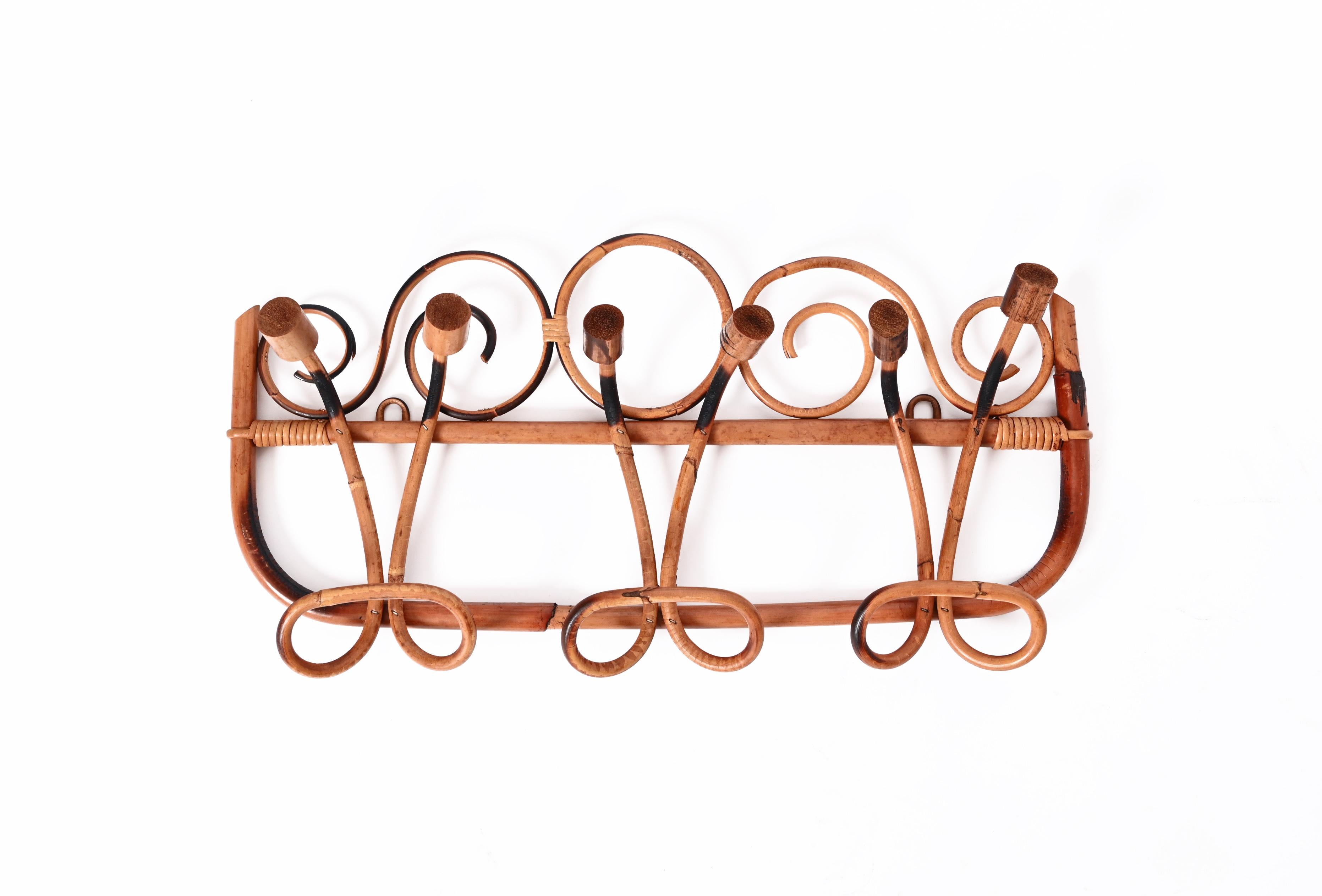 Midcentury French Riviera Rattan and Bamboo Canes Italian Coat Rack, 1960s 8