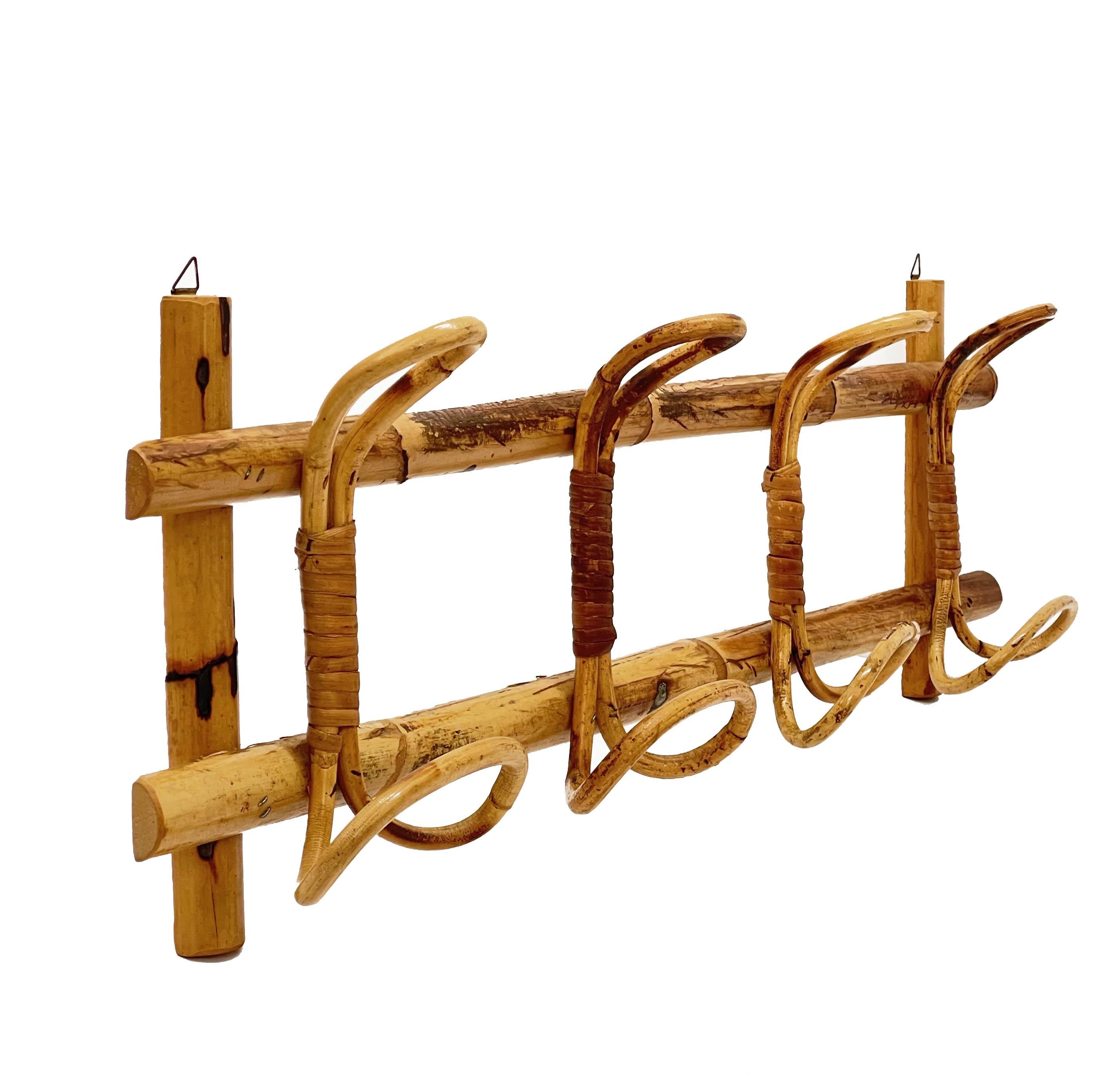 Mid-20th Century Midcentury French Riviera Rattan and Bamboo Canes Italian Coat Rack, 1960s