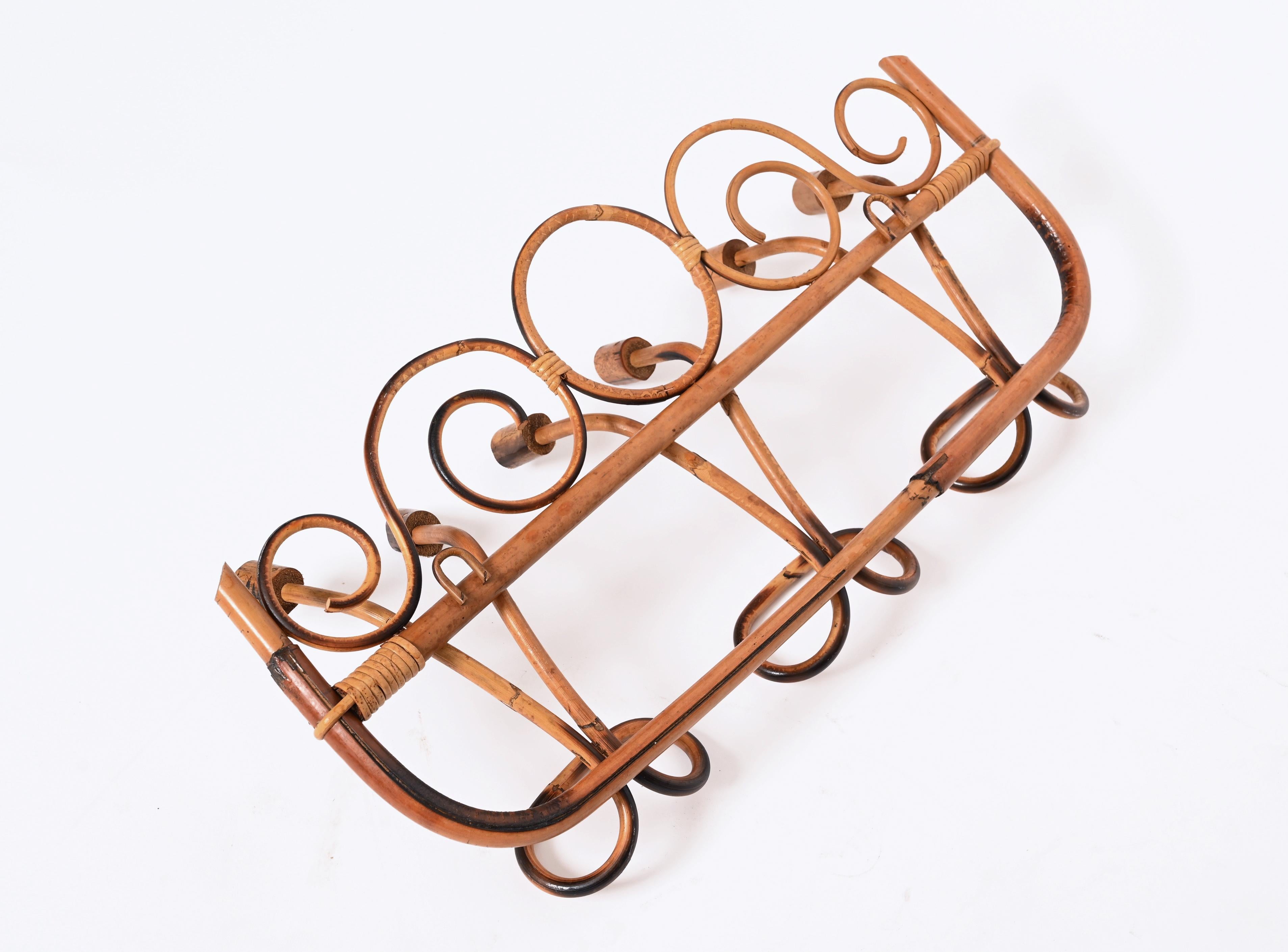 Mid-20th Century Midcentury French Riviera Rattan and Bamboo Canes Italian Coat Rack, 1960s