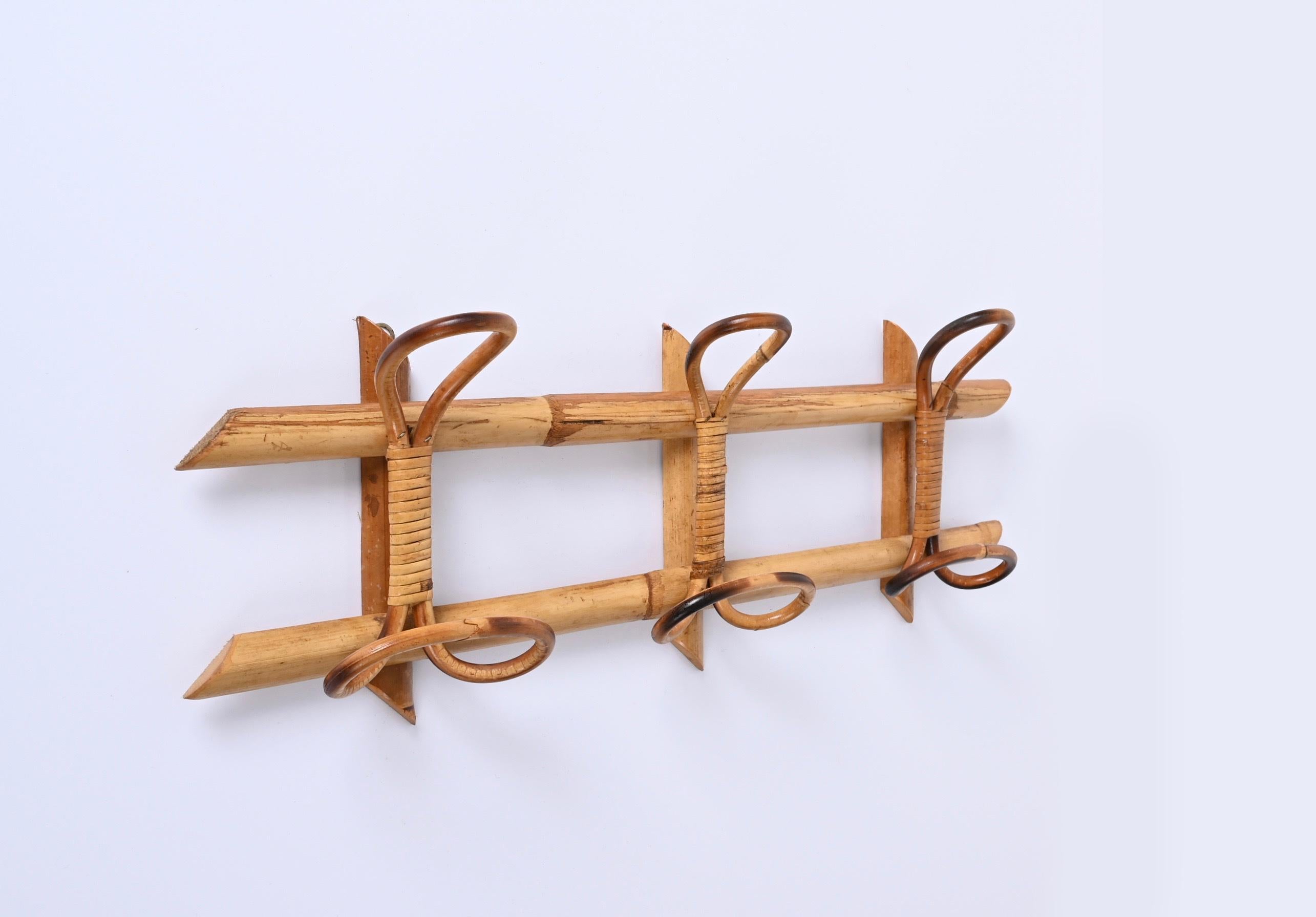 Midcentury French Riviera Rattan and Bamboo Canes Italian Coat Rack, 1960s 1