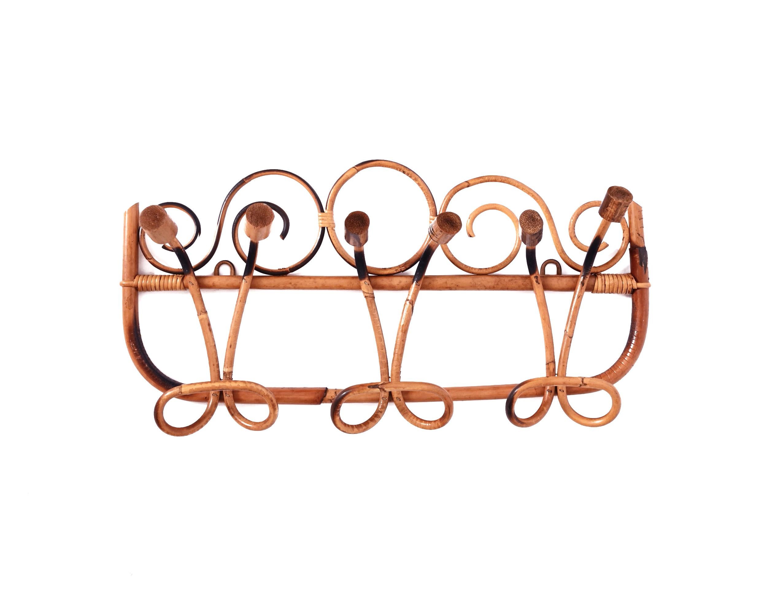 Midcentury French Riviera Rattan and Bamboo Canes Italian Coat Rack, 1960s 3