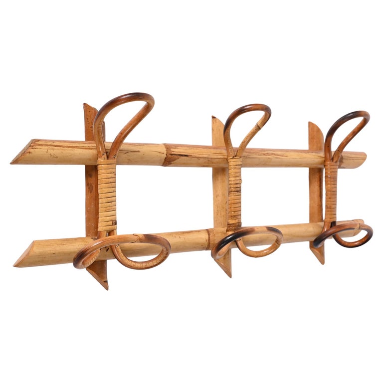 Midcentury French Riviera Rattan and Bamboo Canes Italian Coat Rack, 1960s