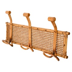 Midcentury French Riviera Rattan and Bamboo Canes Wicker Italian Coat Rack 1960s
