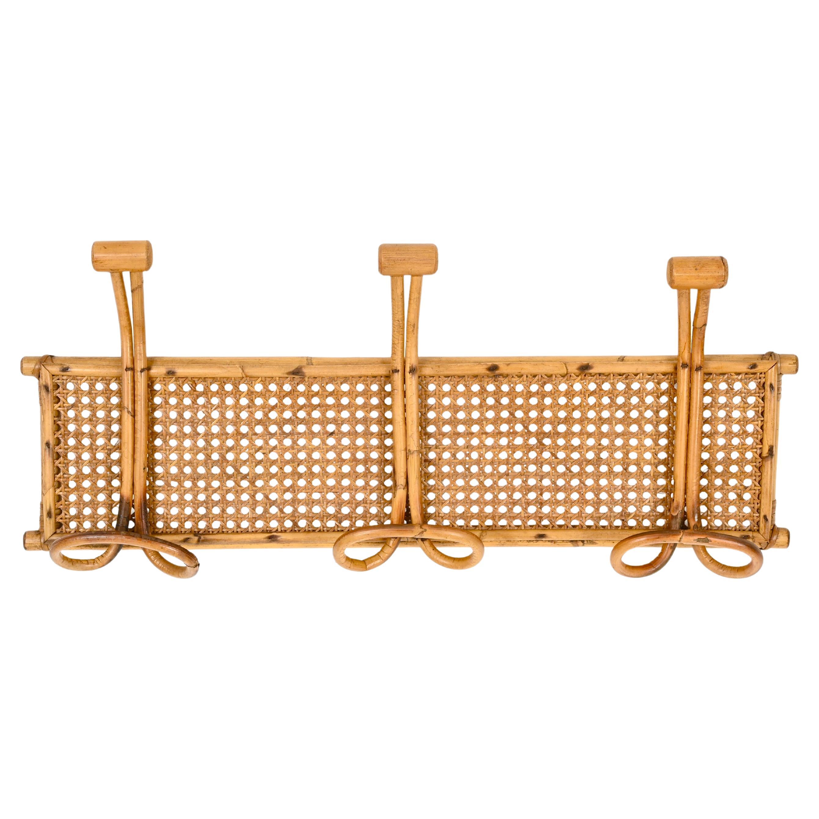 Midcentury French Riviera Rattan and Bamboo Canes Wicker Italian Coat Rack 1960s
