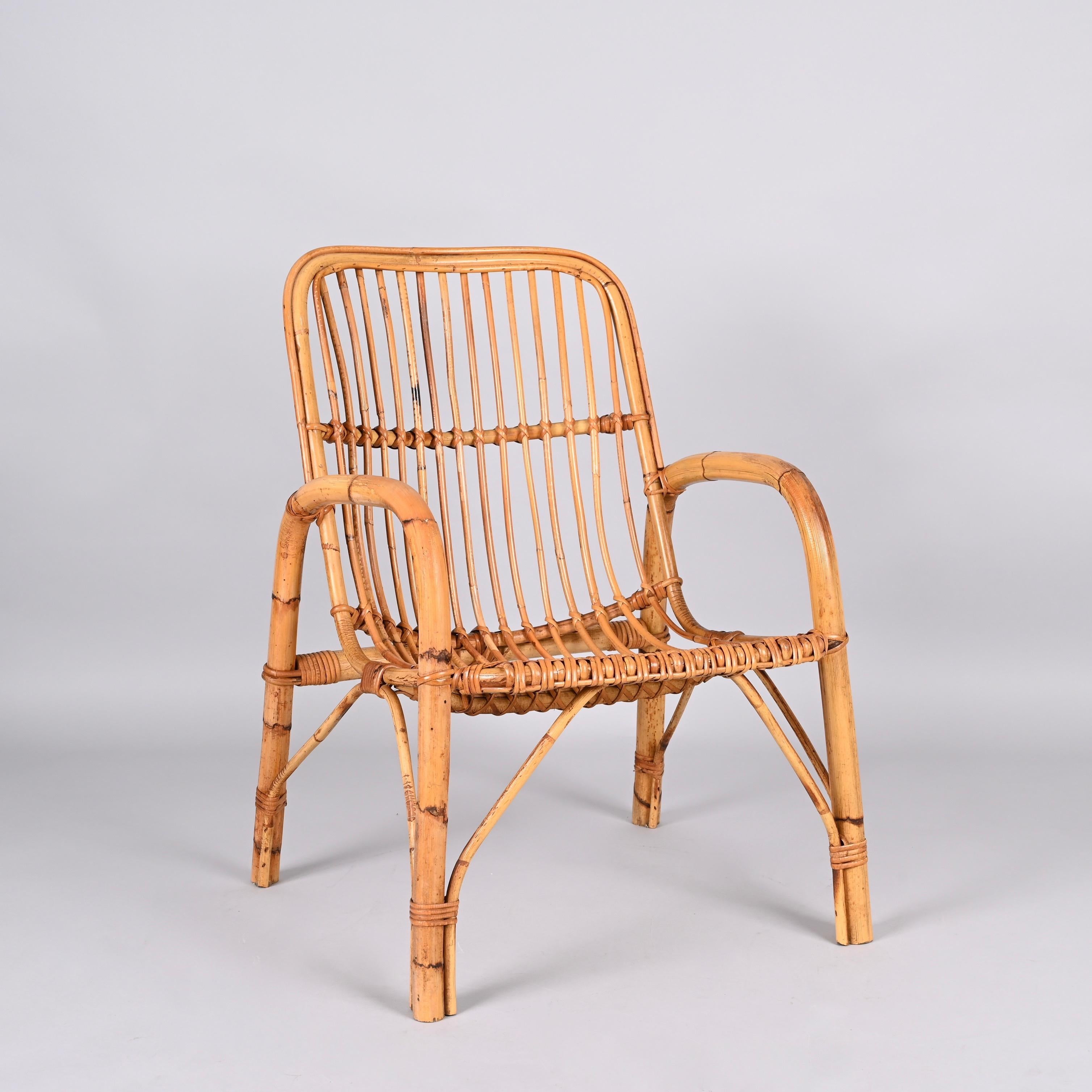 Midcentury French Riviera Rattan and Bamboo Italian Armchair, 1960s For Sale 5