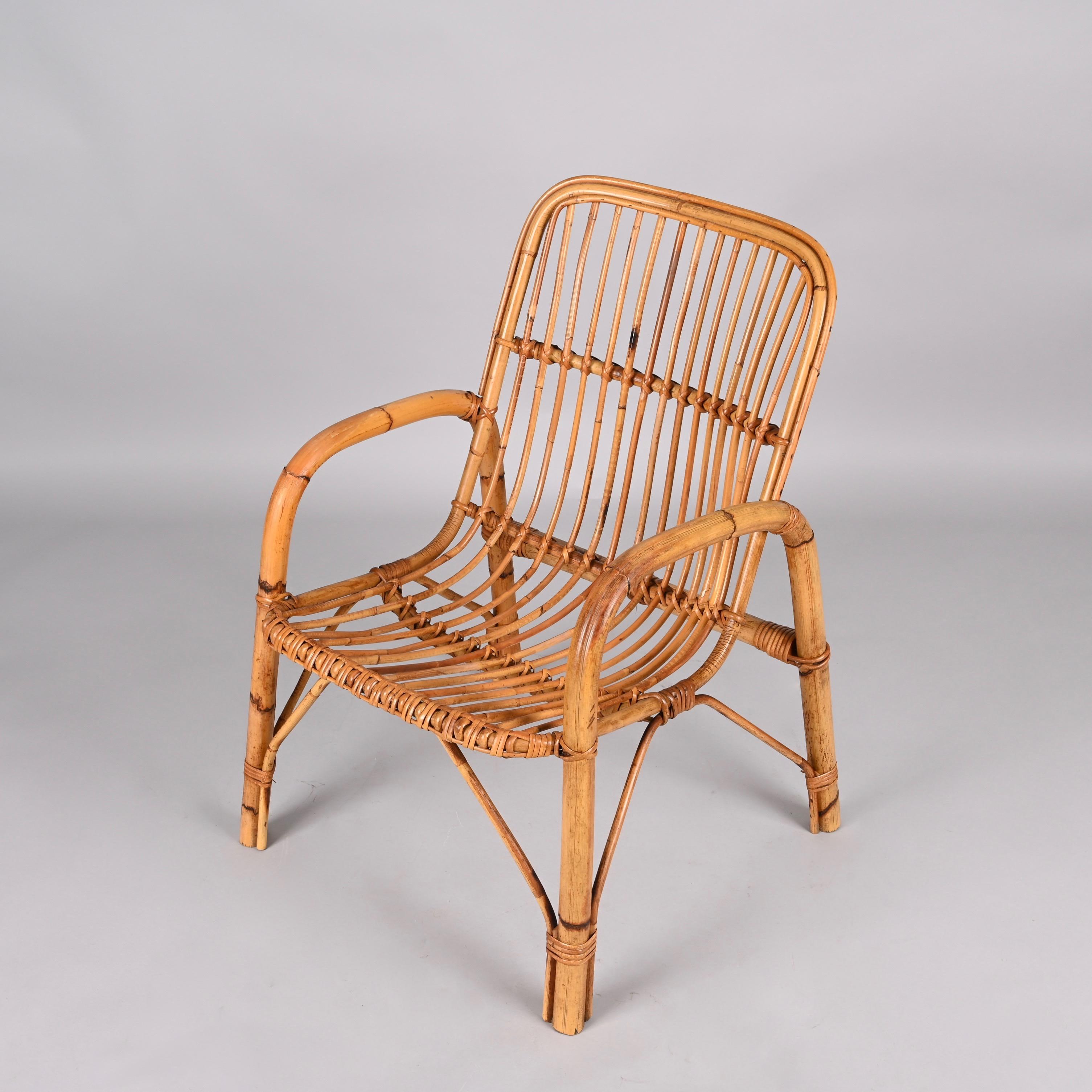 Midcentury French Riviera Rattan and Bamboo Italian Armchair, 1960s For Sale 7