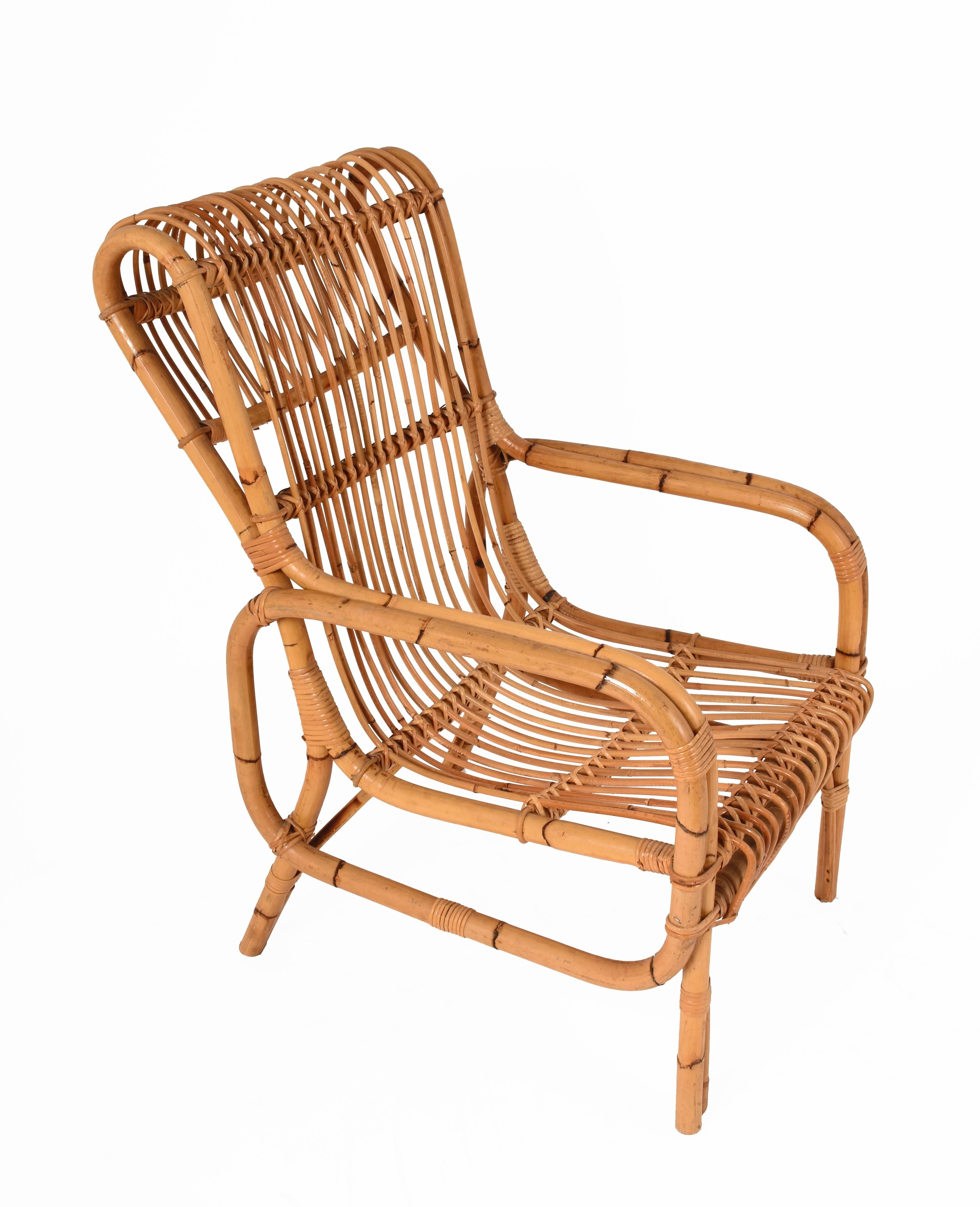 Mid-Century Modern Midcentury French Riviera Rattan and Bamboo Italian Armchair, 1960s For Sale