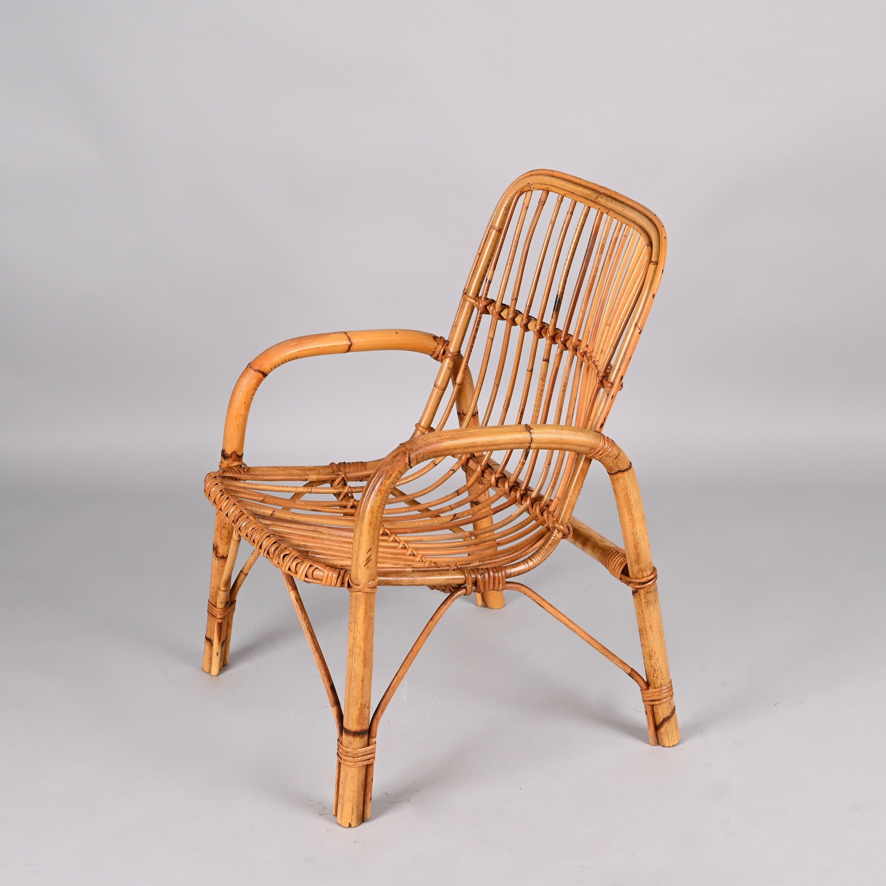 Mid-Century Modern Midcentury French Riviera Rattan and Bamboo Italian Armchair, 1960s For Sale