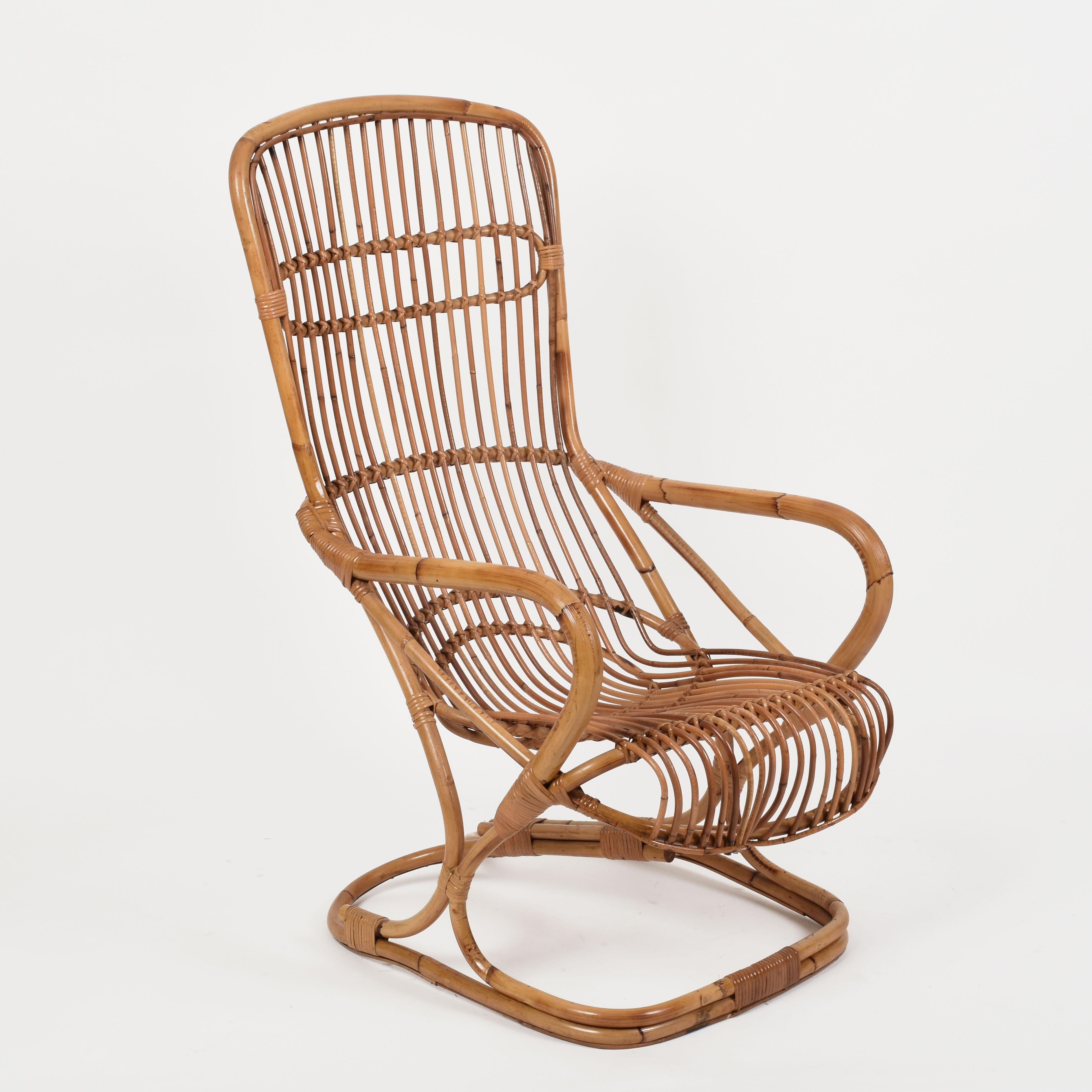 Midcentury French Riviera Rattan and Bamboo Italian Armchair, 1960s In Good Condition In Roma, IT