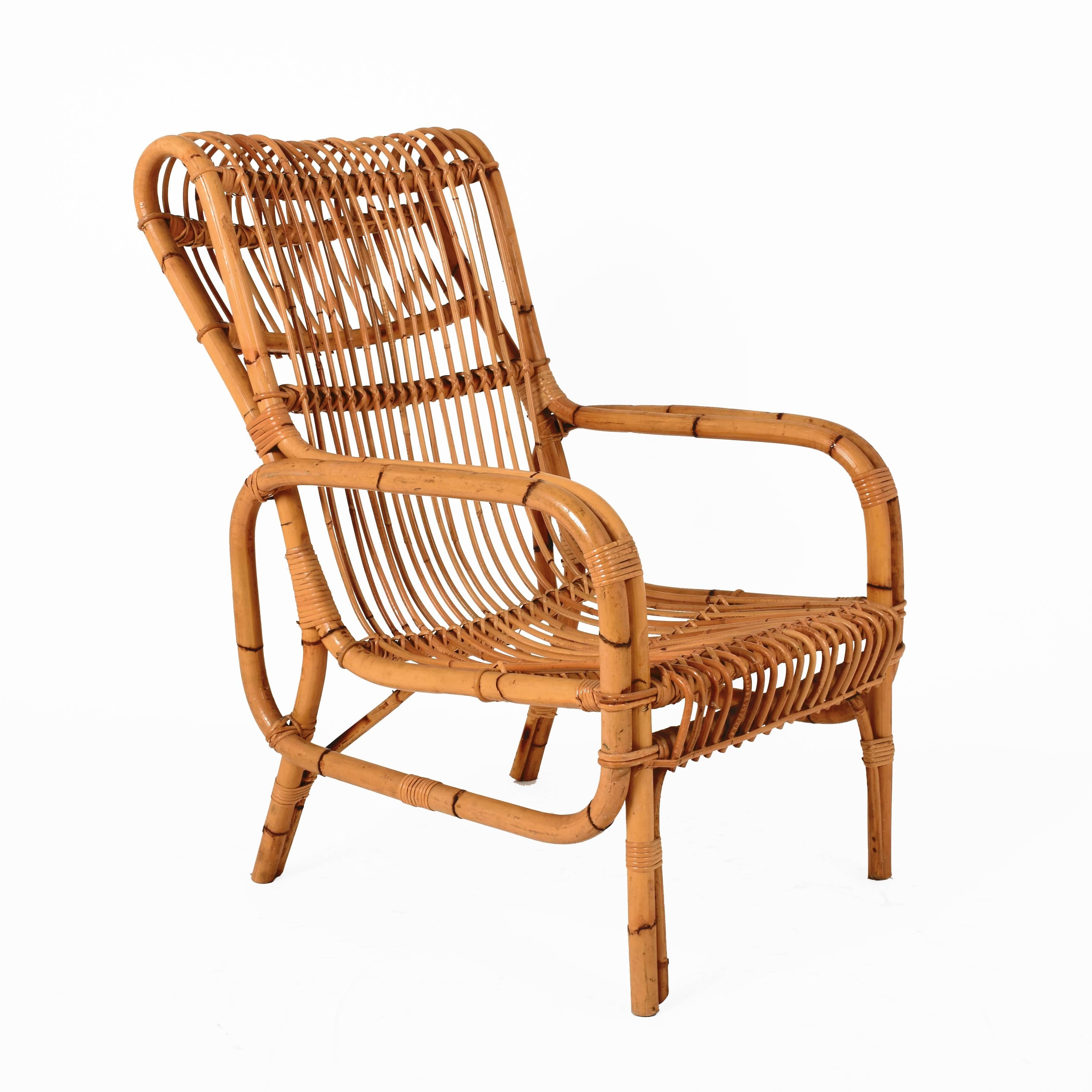 Midcentury French Riviera Rattan and Bamboo Italian Armchair, 1960s In Good Condition For Sale In Roma, IT