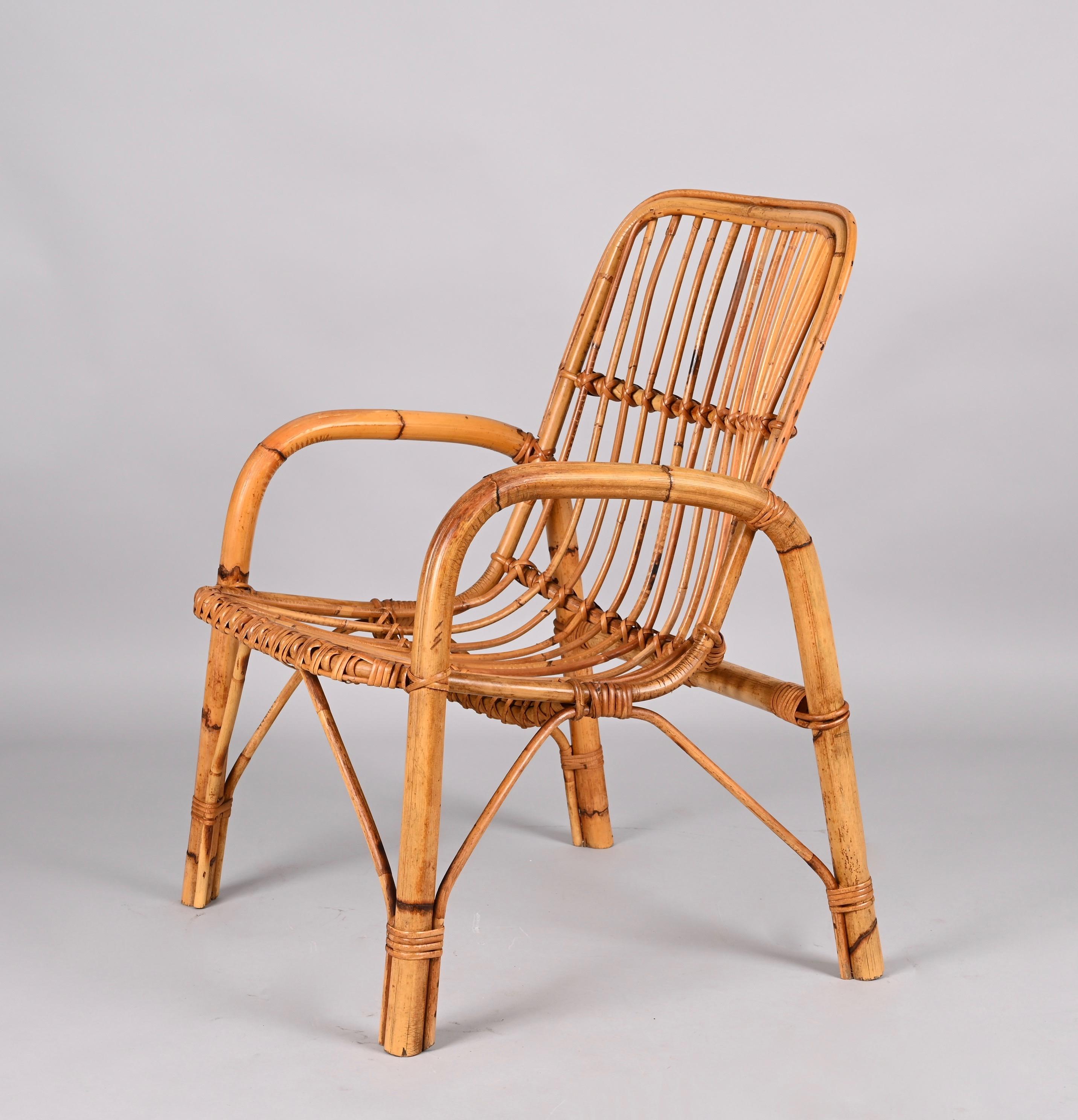 Midcentury French Riviera Rattan and Bamboo Italian Armchair, 1960s In Good Condition For Sale In Roma, IT