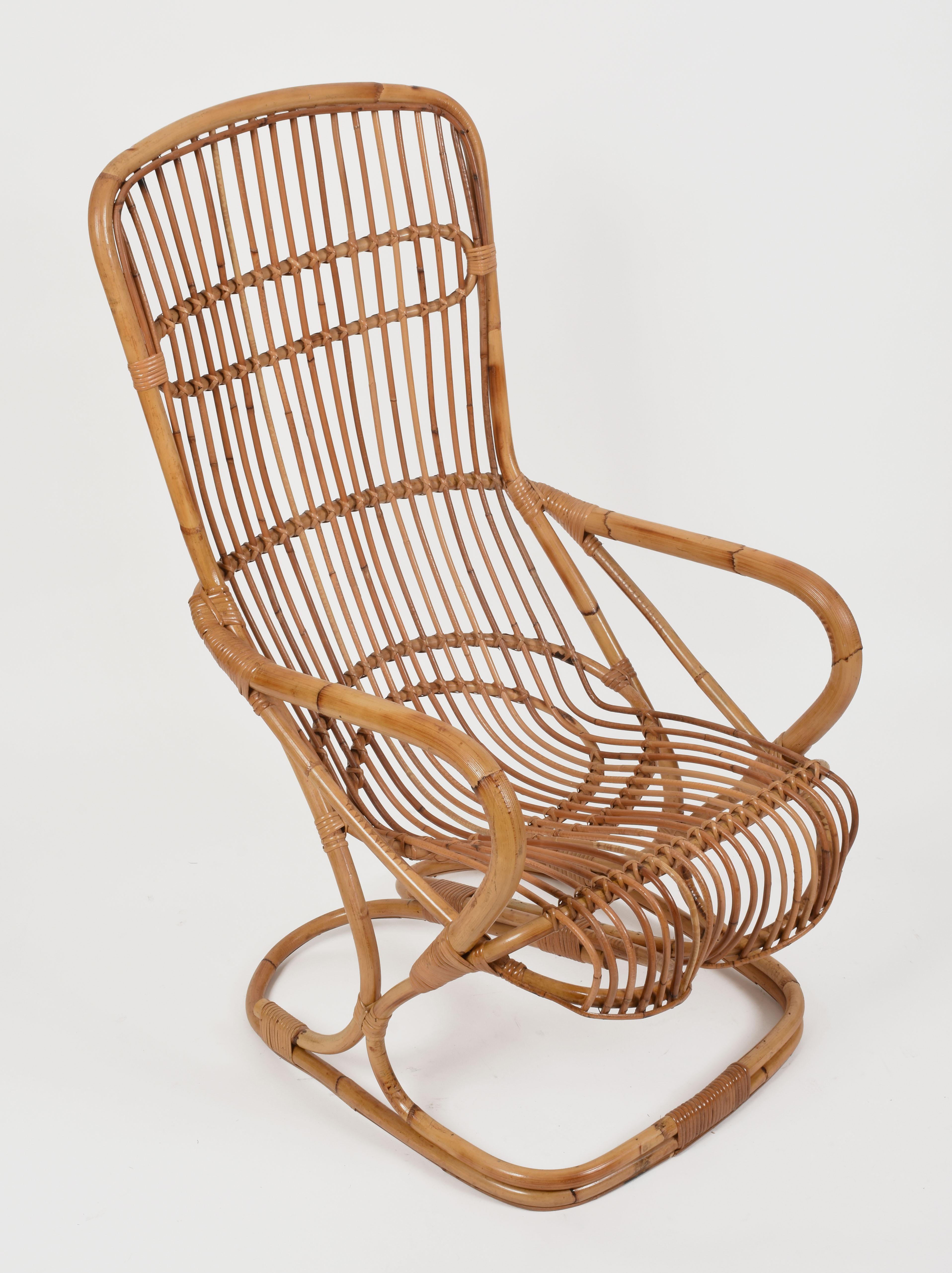 Mid-20th Century Midcentury French Riviera Rattan and Bamboo Italian Armchair, 1960s