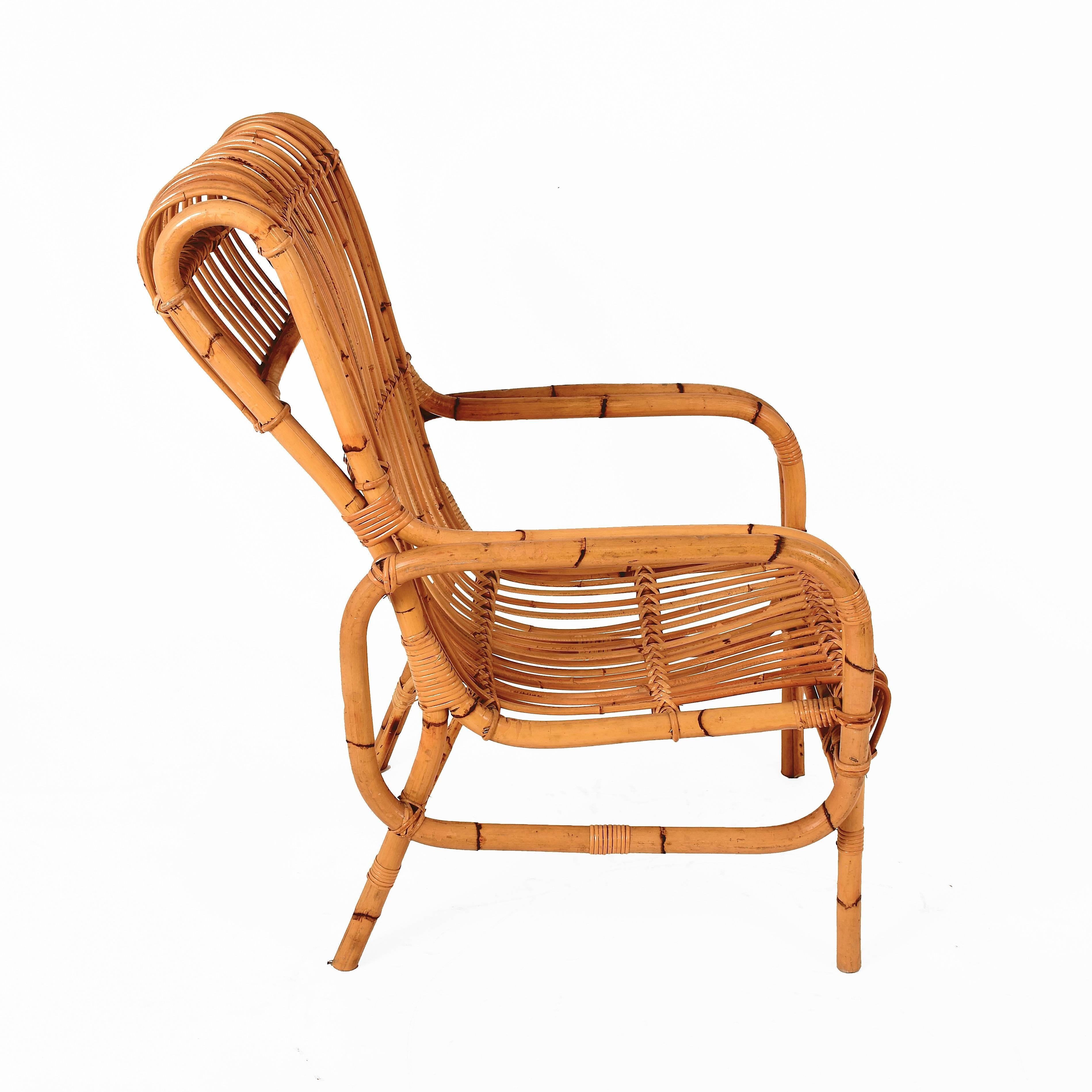 Mid-20th Century Midcentury French Riviera Rattan and Bamboo Italian Armchair, 1960s For Sale