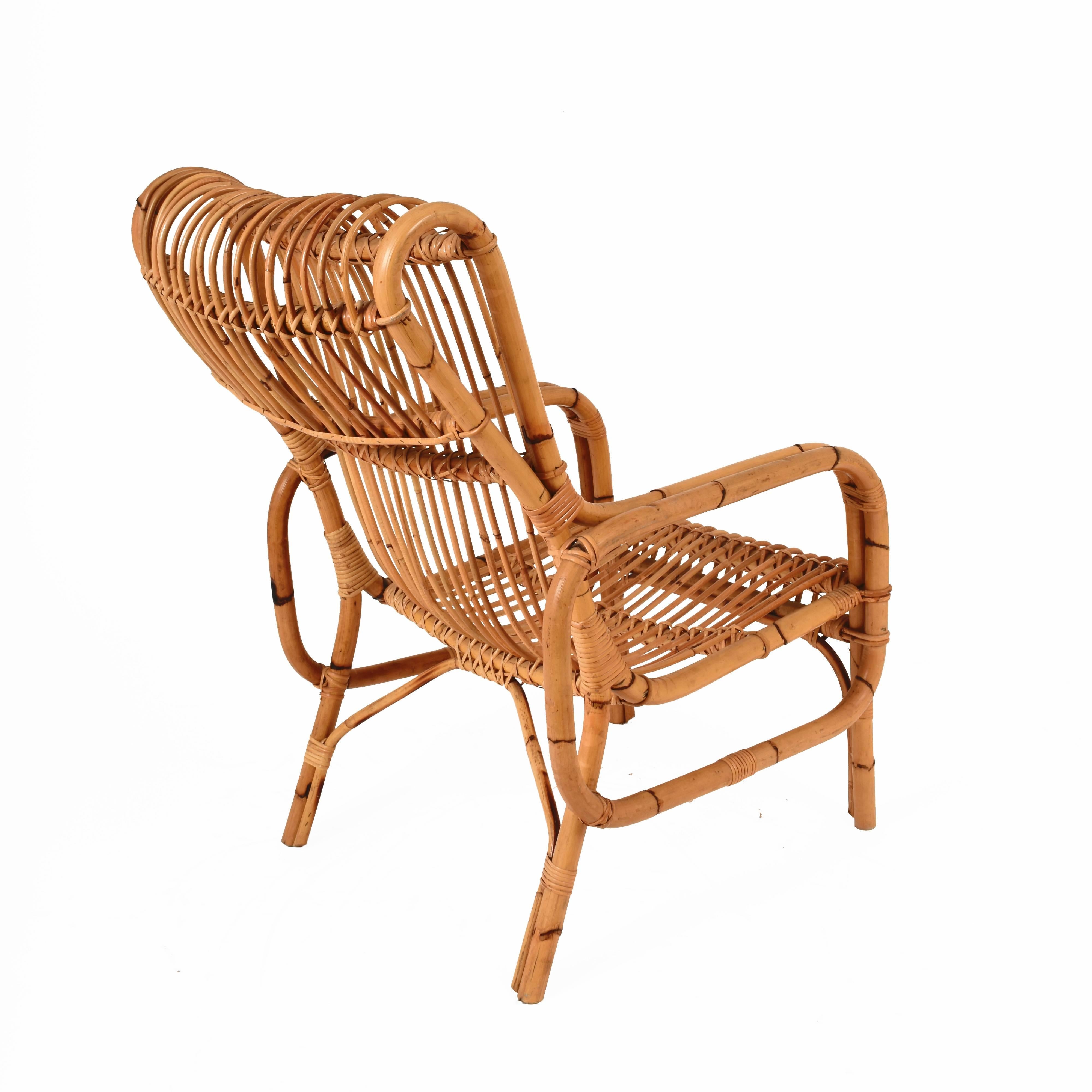 Midcentury French Riviera Rattan and Bamboo Italian Armchair, 1960s For Sale 1