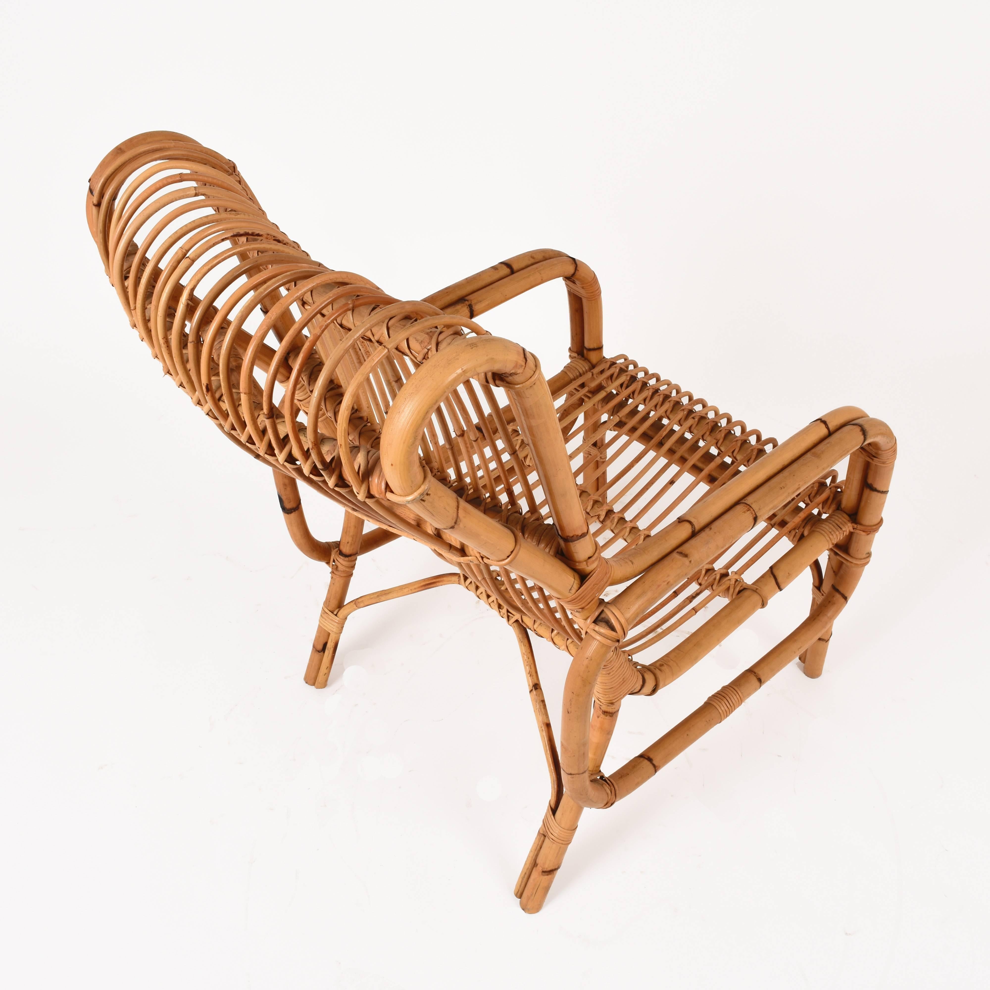 Midcentury French Riviera Rattan and Bamboo Italian Armchair, 1960s For Sale 2