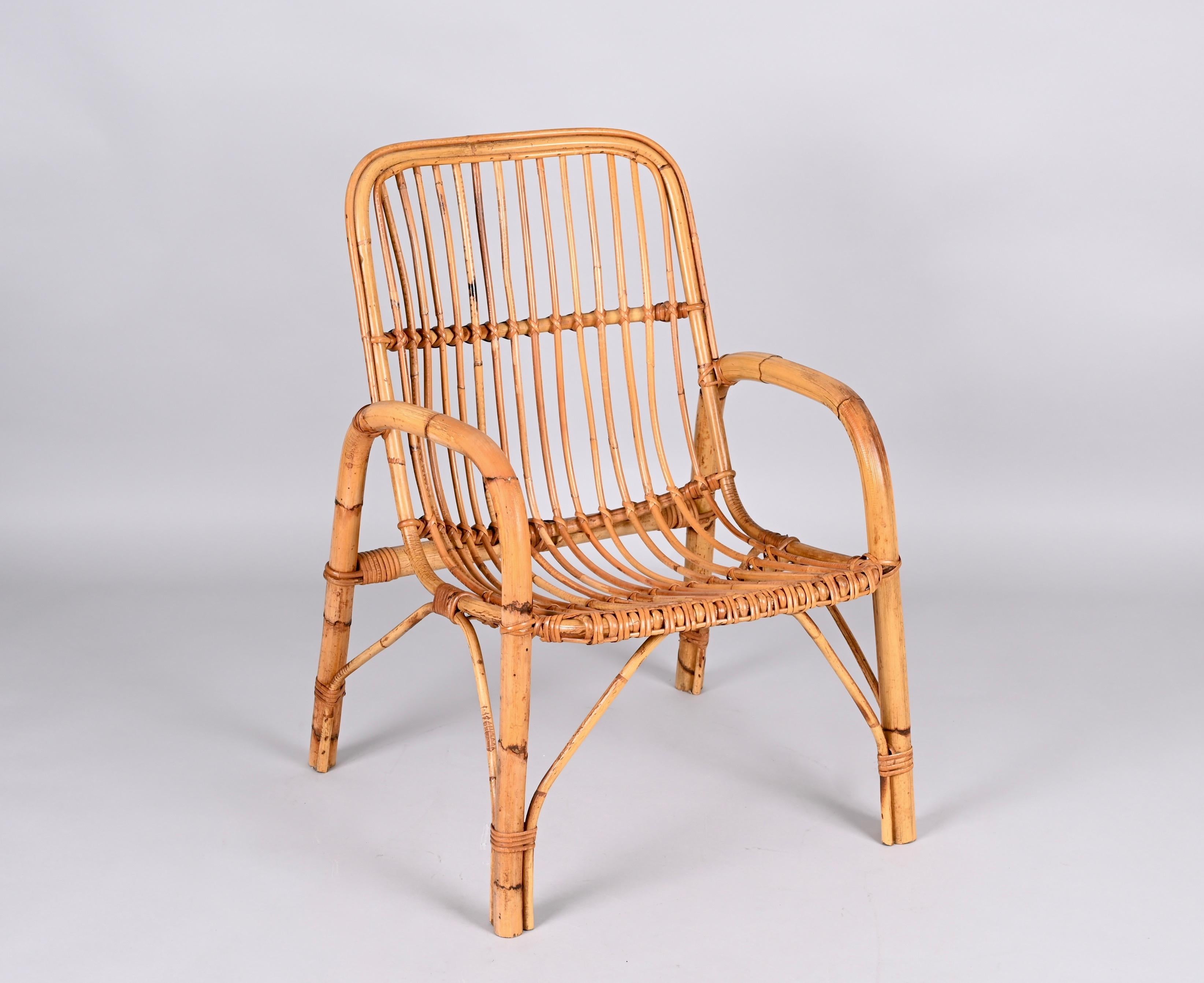 Midcentury French Riviera Rattan and Bamboo Italian Armchair, 1960s For Sale 2