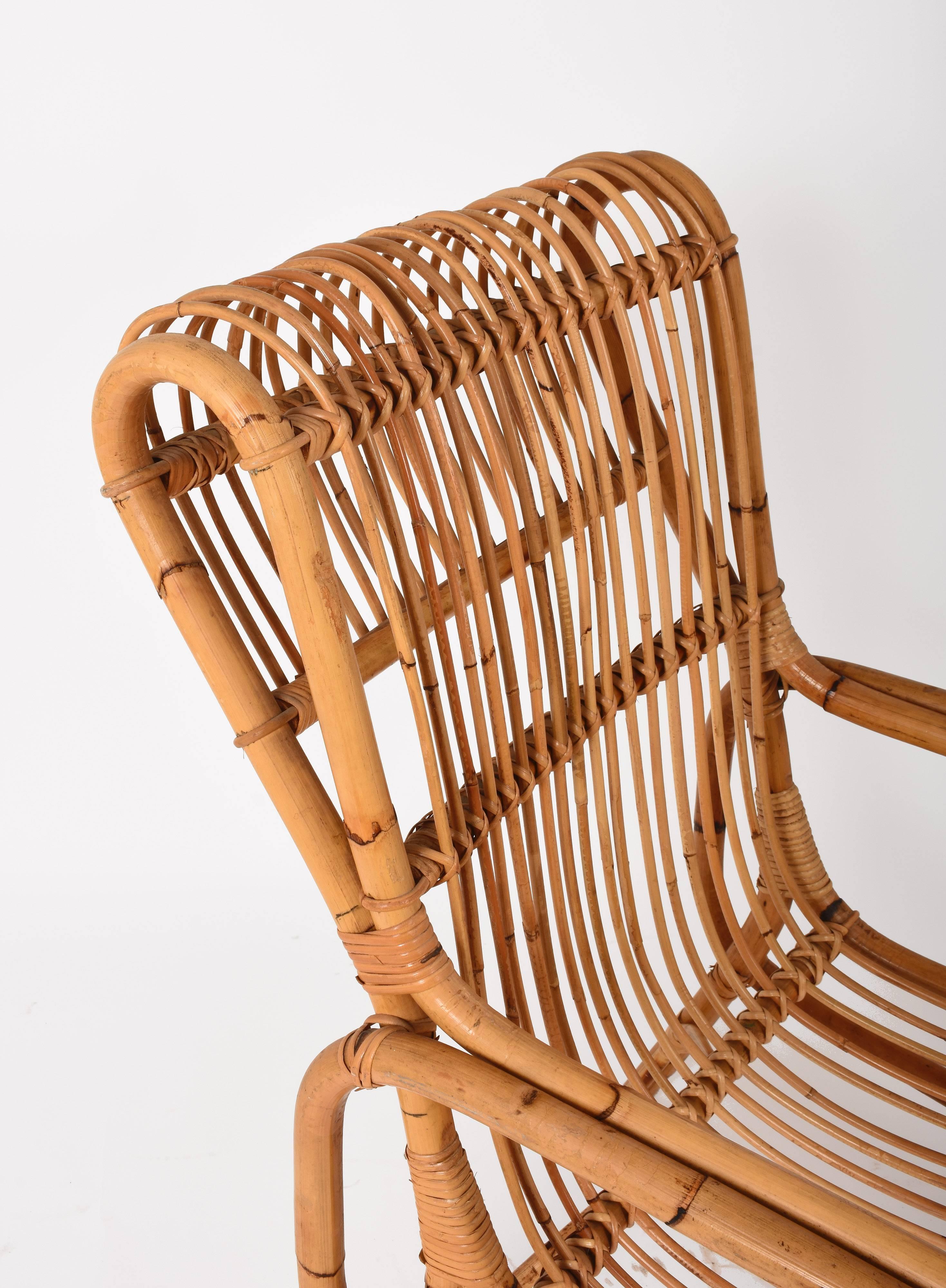 Midcentury French Riviera Rattan and Bamboo Italian Armchair, 1960s For Sale 3