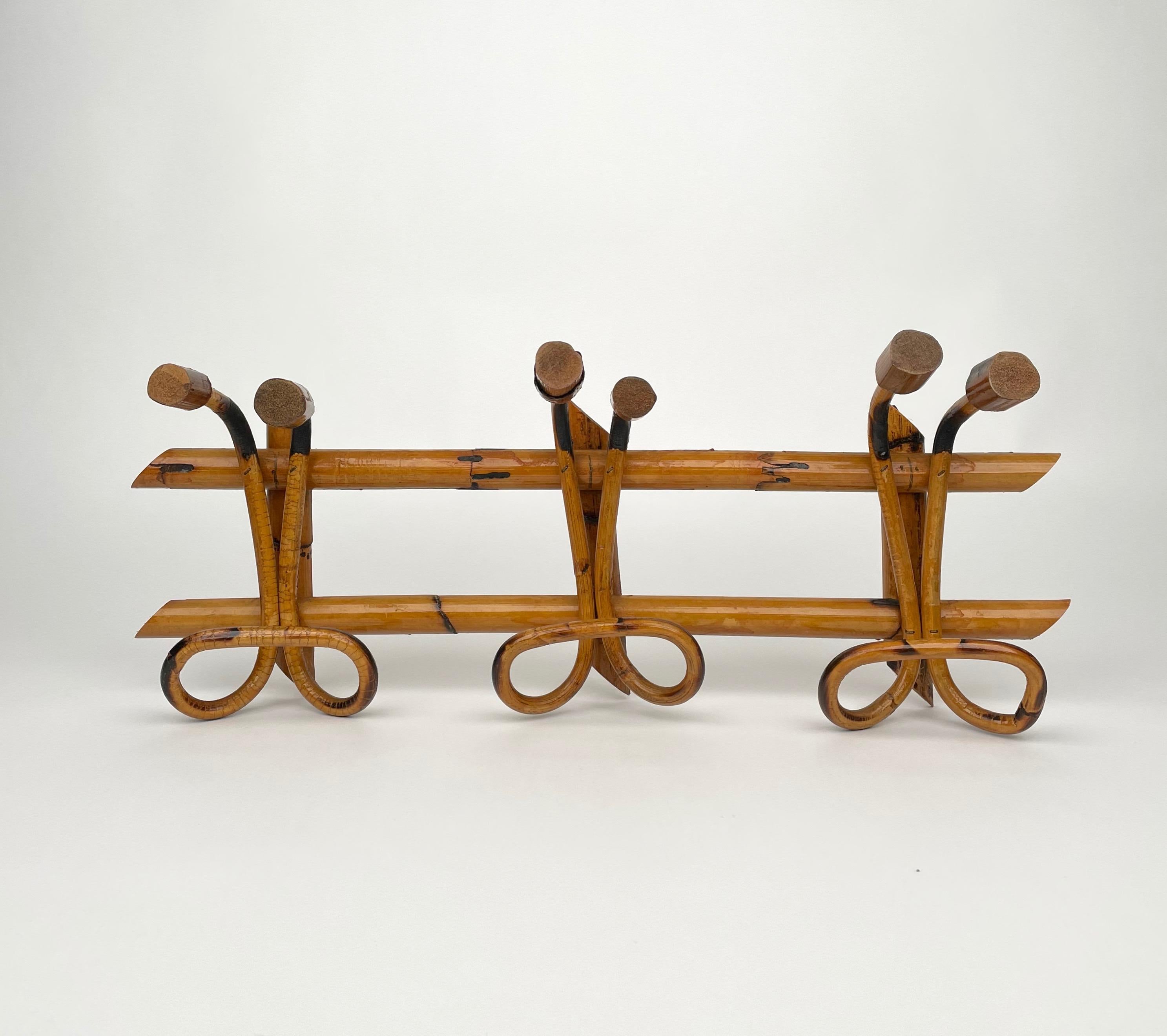 Mid-Century Modern Midcentury French Riviera Rattan and Bamboo Italian Coat Rack, 1960s For Sale