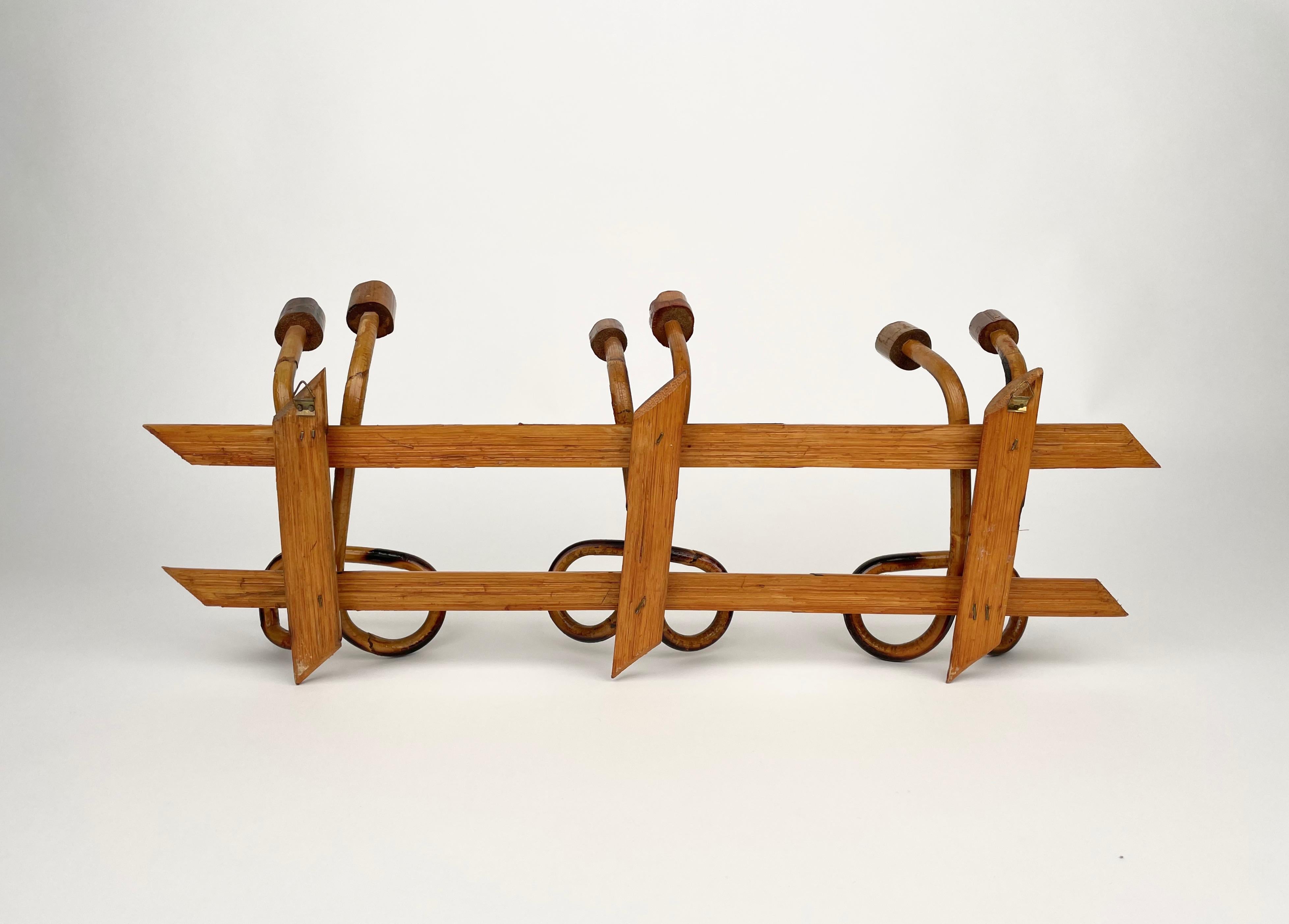 Midcentury French Riviera Rattan and Bamboo Italian Coat Rack, 1960s For Sale 4