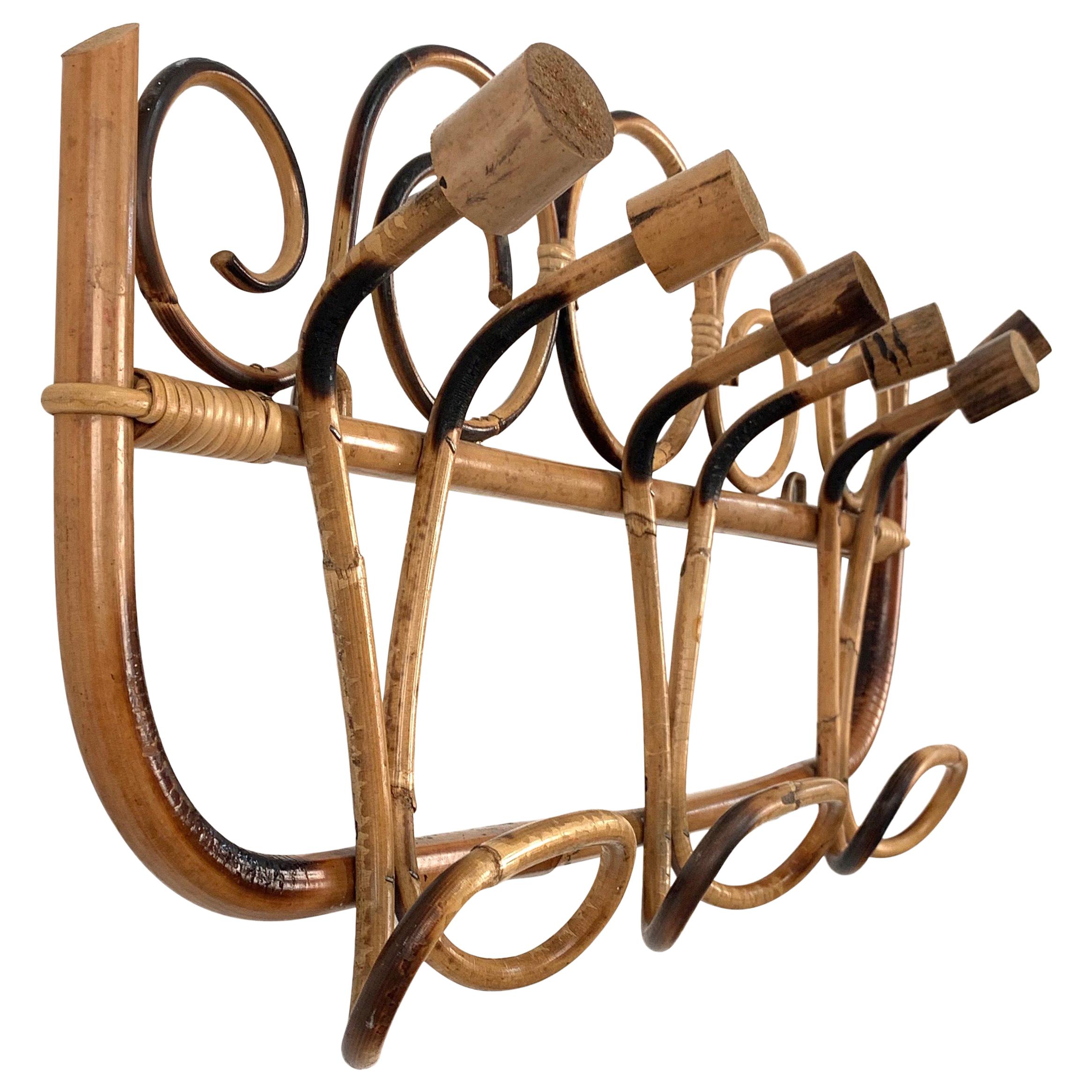 Midcentury French Riviera Rattan and Bamboo Italian Coat Rack, 1960s