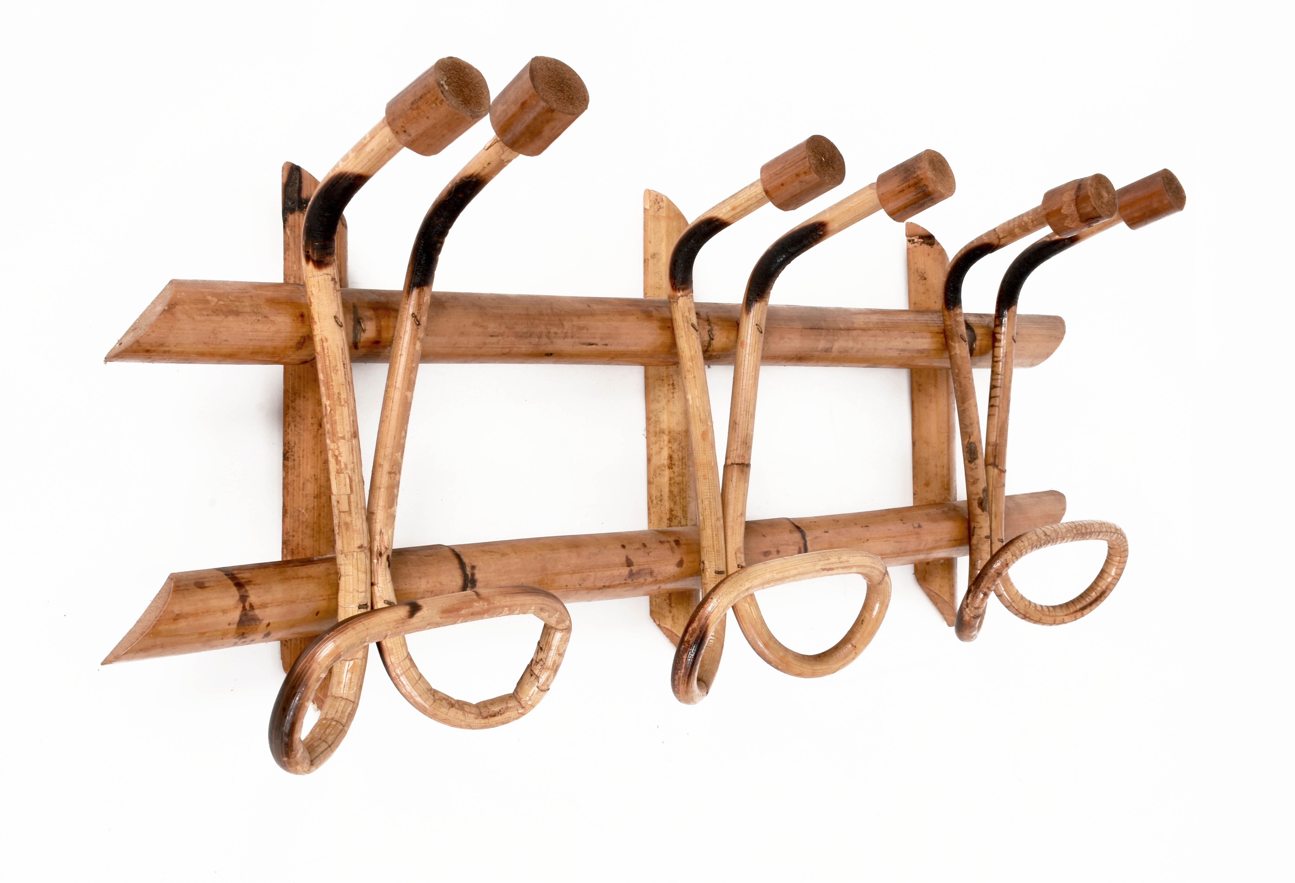 Midcentury French Riviera Rattan and Bamboo Italian Coat Rack, 1961 For Sale 5