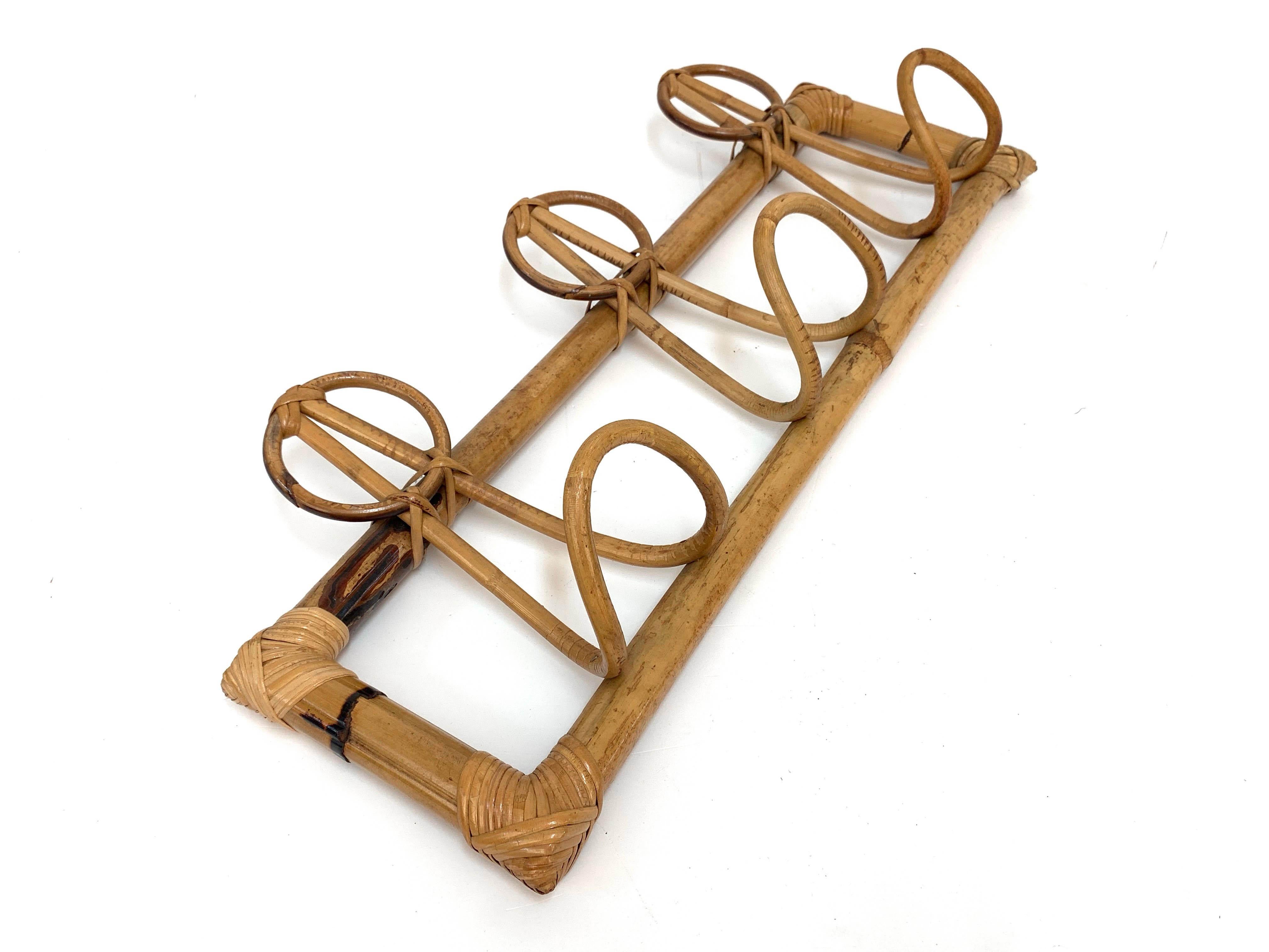 Midcentury French Riviera Rattan and Bamboo Italian Coat Rack, 1960s For Sale 5